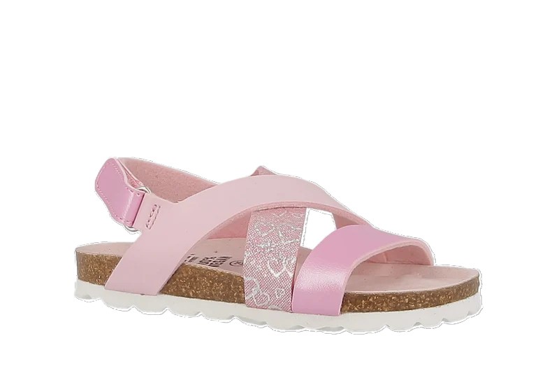 Barnes rosa kryssrem-sandaler med hjerte-mønstret stropp, justerbar hælrem, kork mellomsåle og hvit riflet yttersåle.
