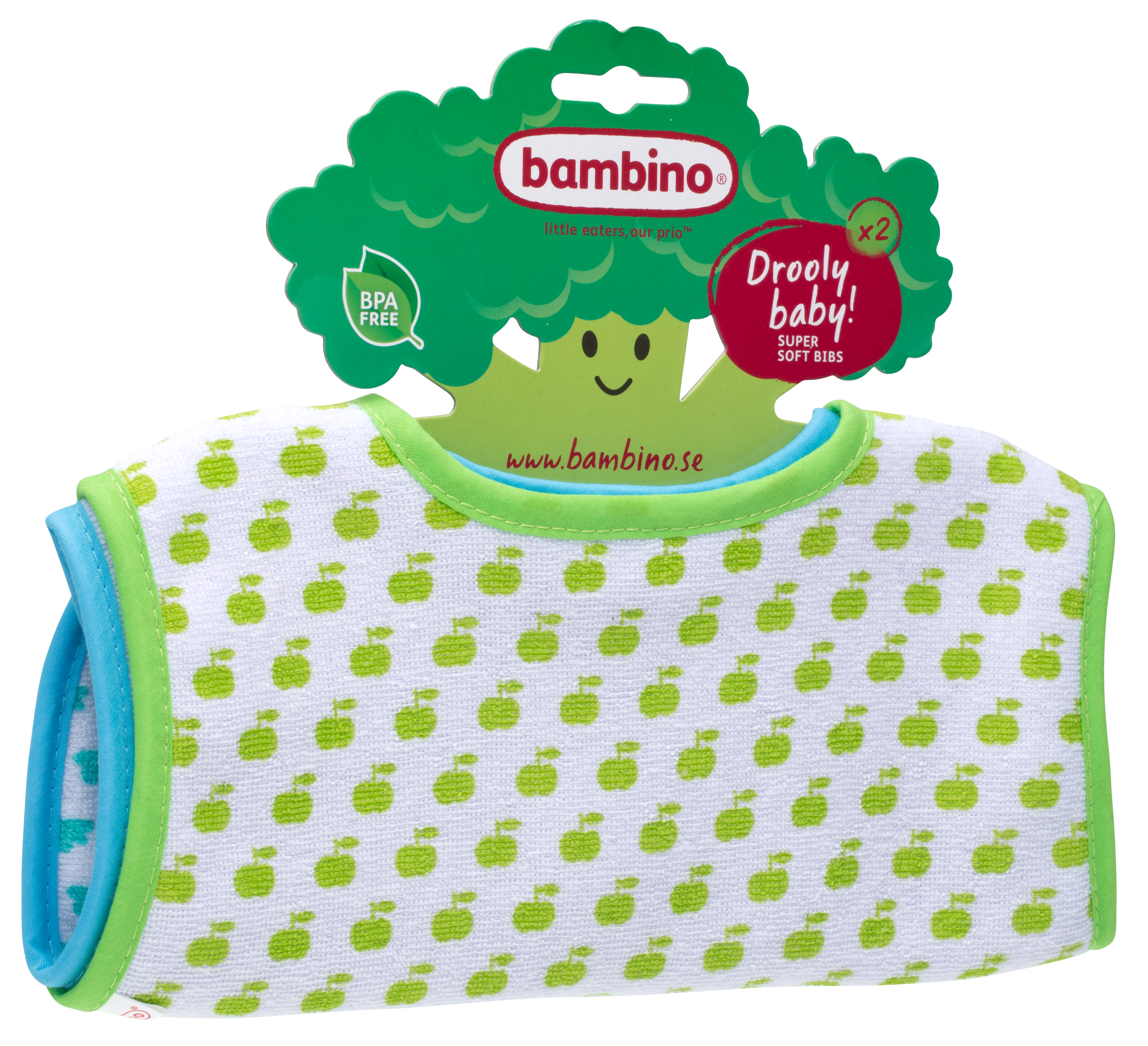 To baby smekker med grønt eplemønster på hvitt stoff, grønn og blå kant, forfra.