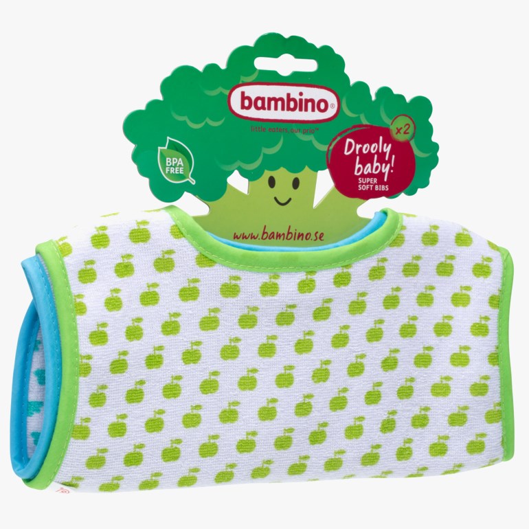 To baby smekker med grønt eplemønster på hvitt stoff, grønn og blå kant, forfra.