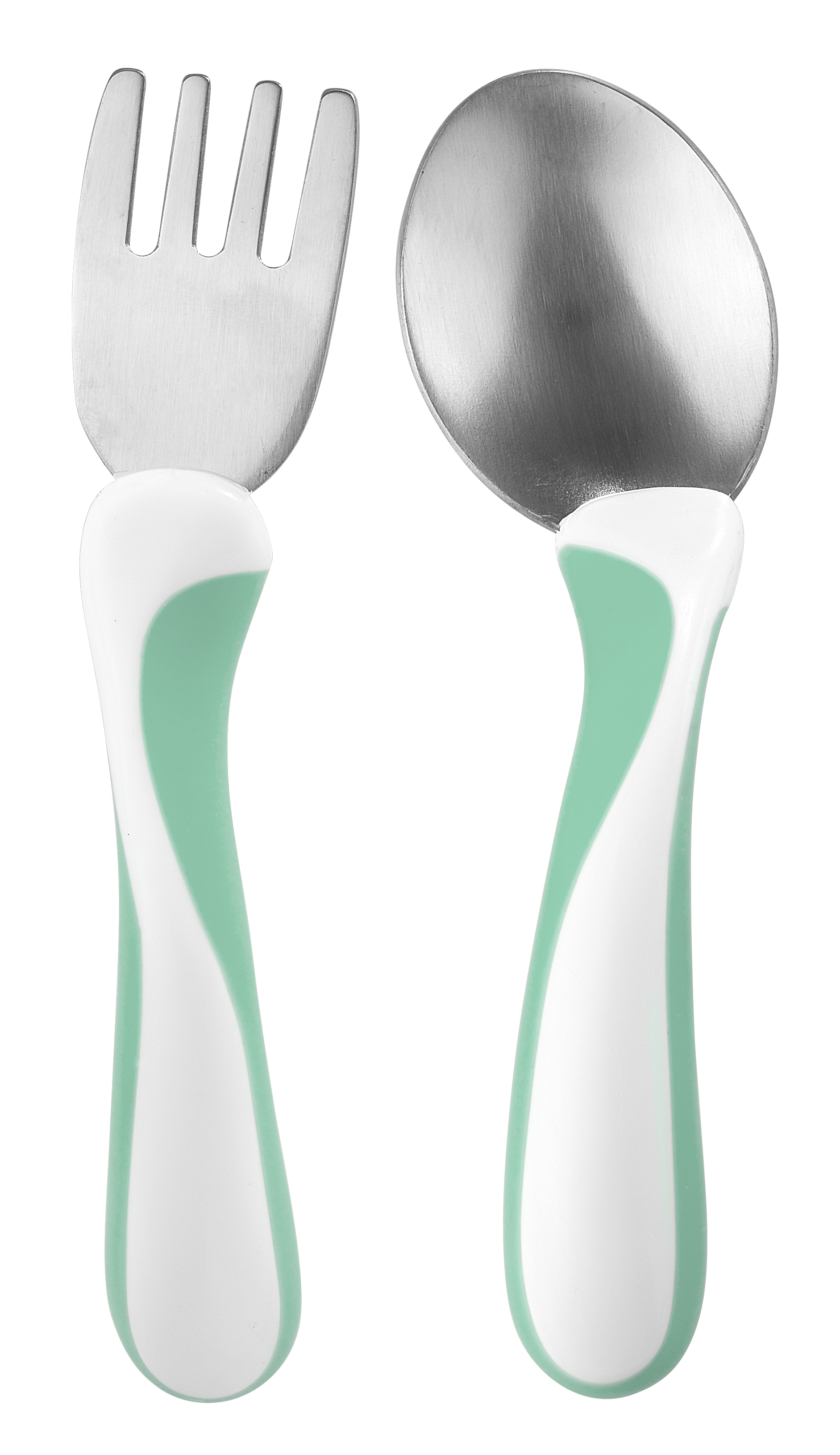 Babysett med gaffel og skje, med rustfrie stålhoder og hvite og mintgrønne ergonomiske håndtak.