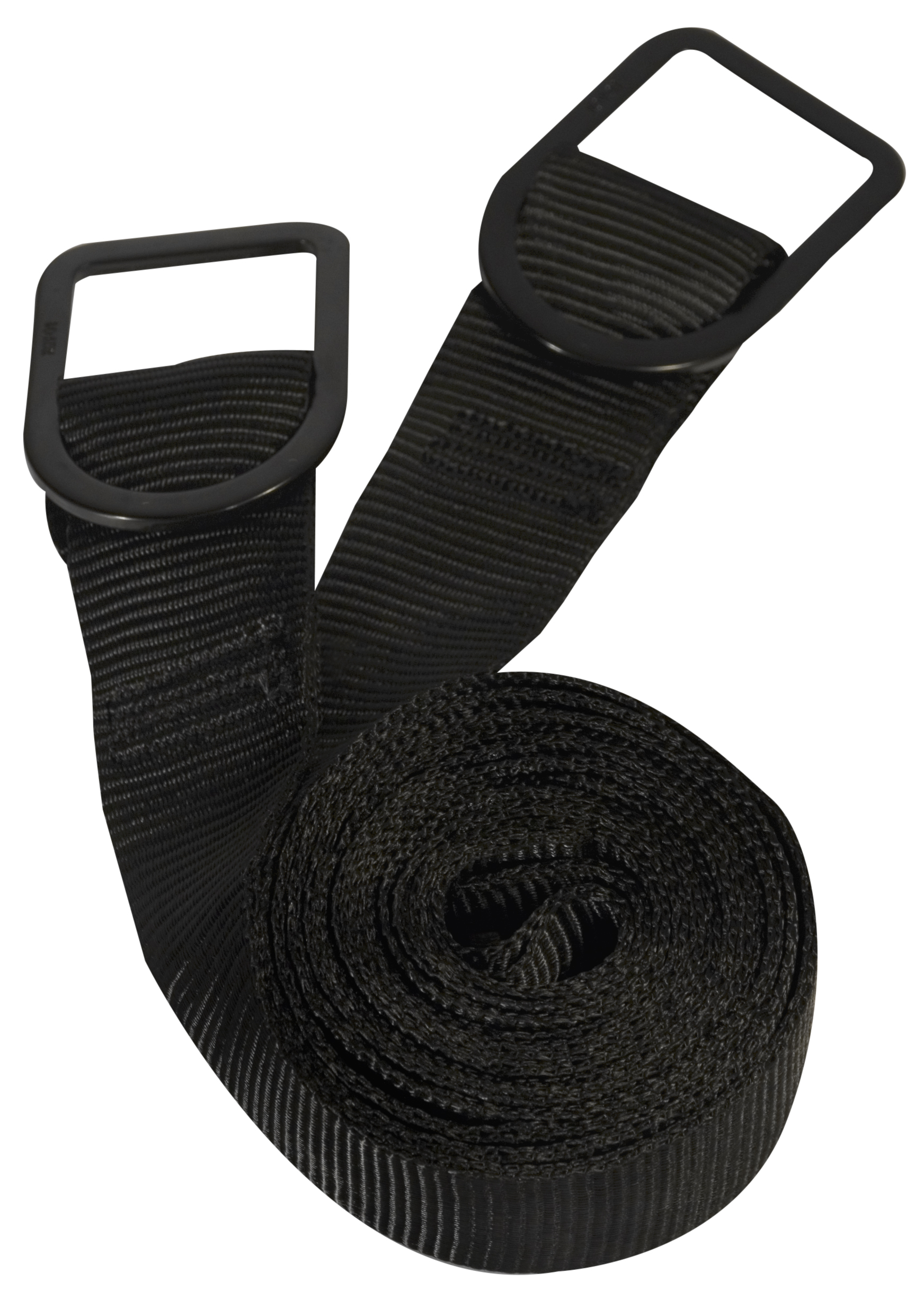 Svart båndrem med to rektangulære D-ringer, delvis sammenrullet.