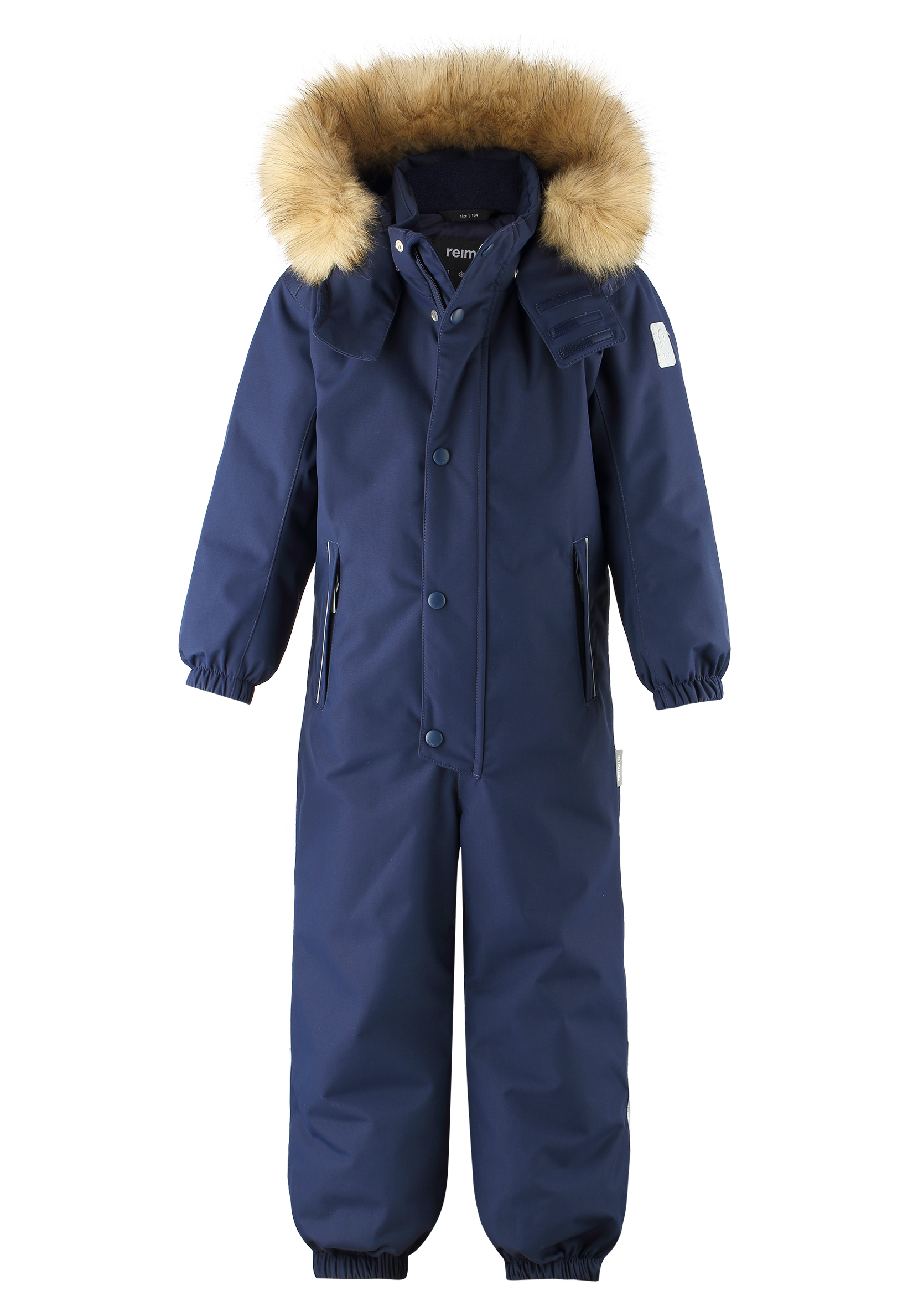 Barnas mørkeblå foret snødress med lysbrun fuskepels-kantet hette, knapper foran og elastiske mansjetter.