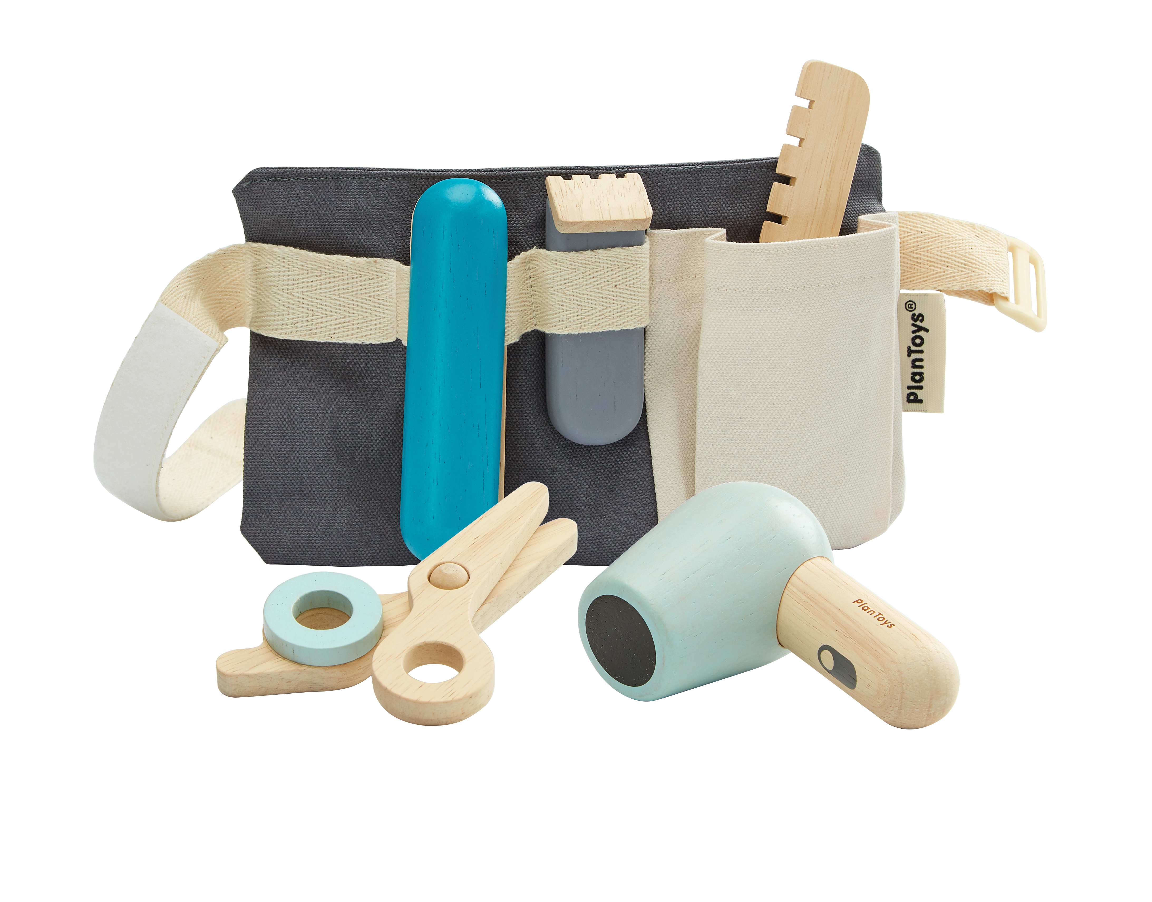 Lekehårfrisørsett med grått stoffbelte, blå klipper, grå rettetang, kam, saks og lyseblå hårføner.