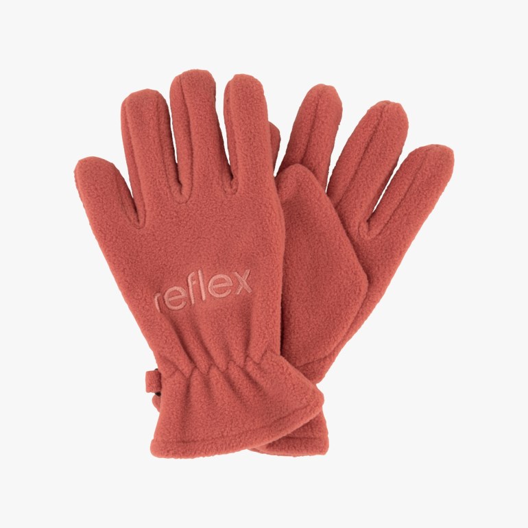 Et par rustfargede fleecehansker med brodert "reflex"-logo og elastiske mansjetter.