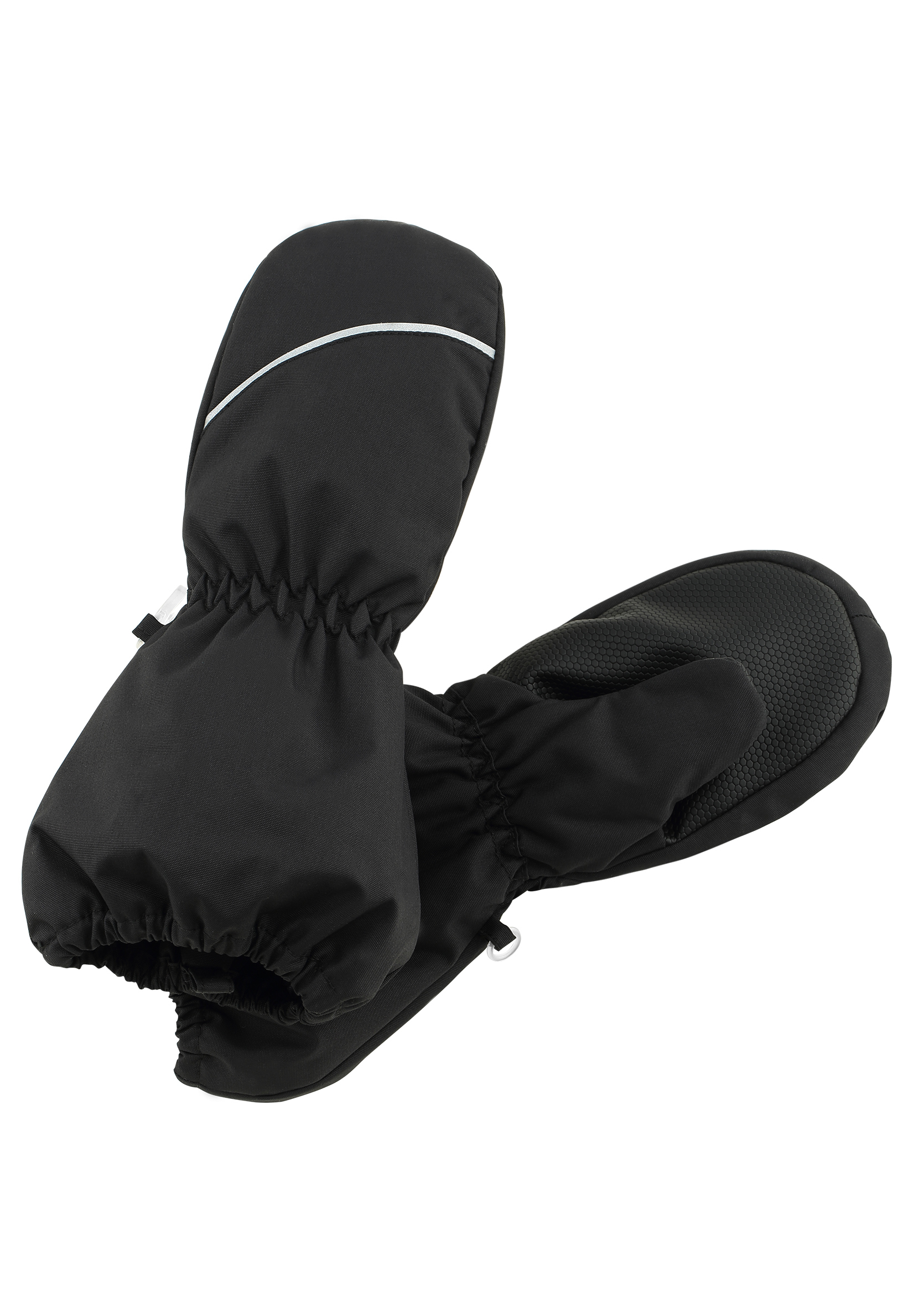 Svarte votter med hvitt refleksbånd og teksturert grep i håndflaten.