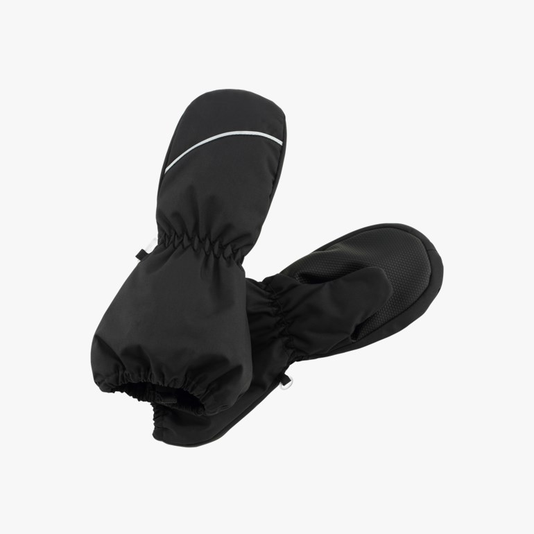 Svarte votter med hvitt refleksbånd og teksturert grep i håndflaten.