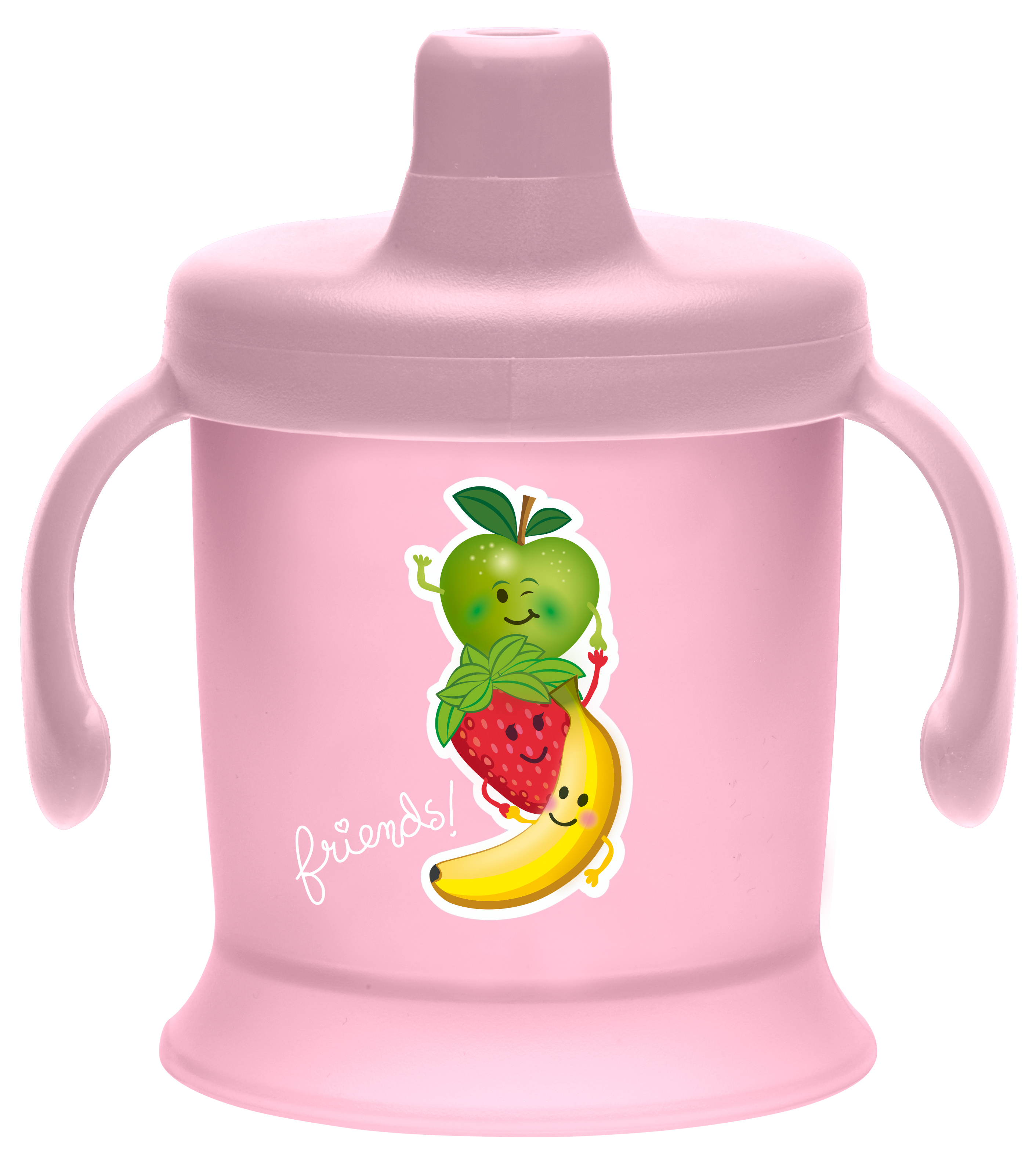 Rosa tutekopp med håndtak, tut og et trykk av stablede fruktkarakterer samt teksten 'friends!'.