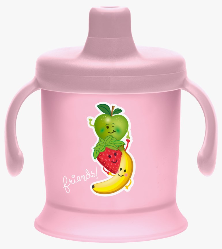 Rosa tutekopp med håndtak, tut og et trykk av stablede fruktkarakterer samt teksten 'friends!'.