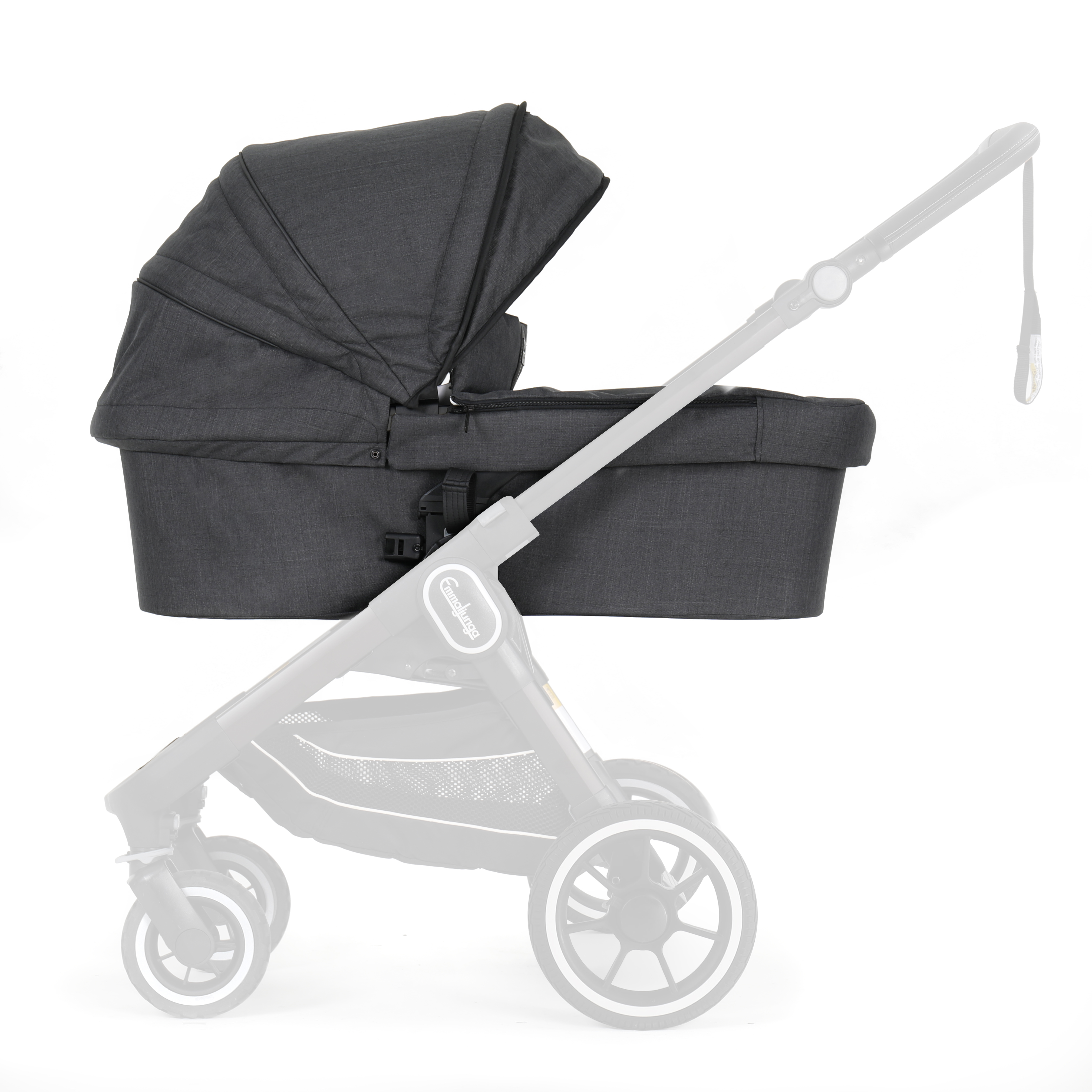 Mørkegrå babyvognbag med kalesje på et skissert barnevognunderstell.