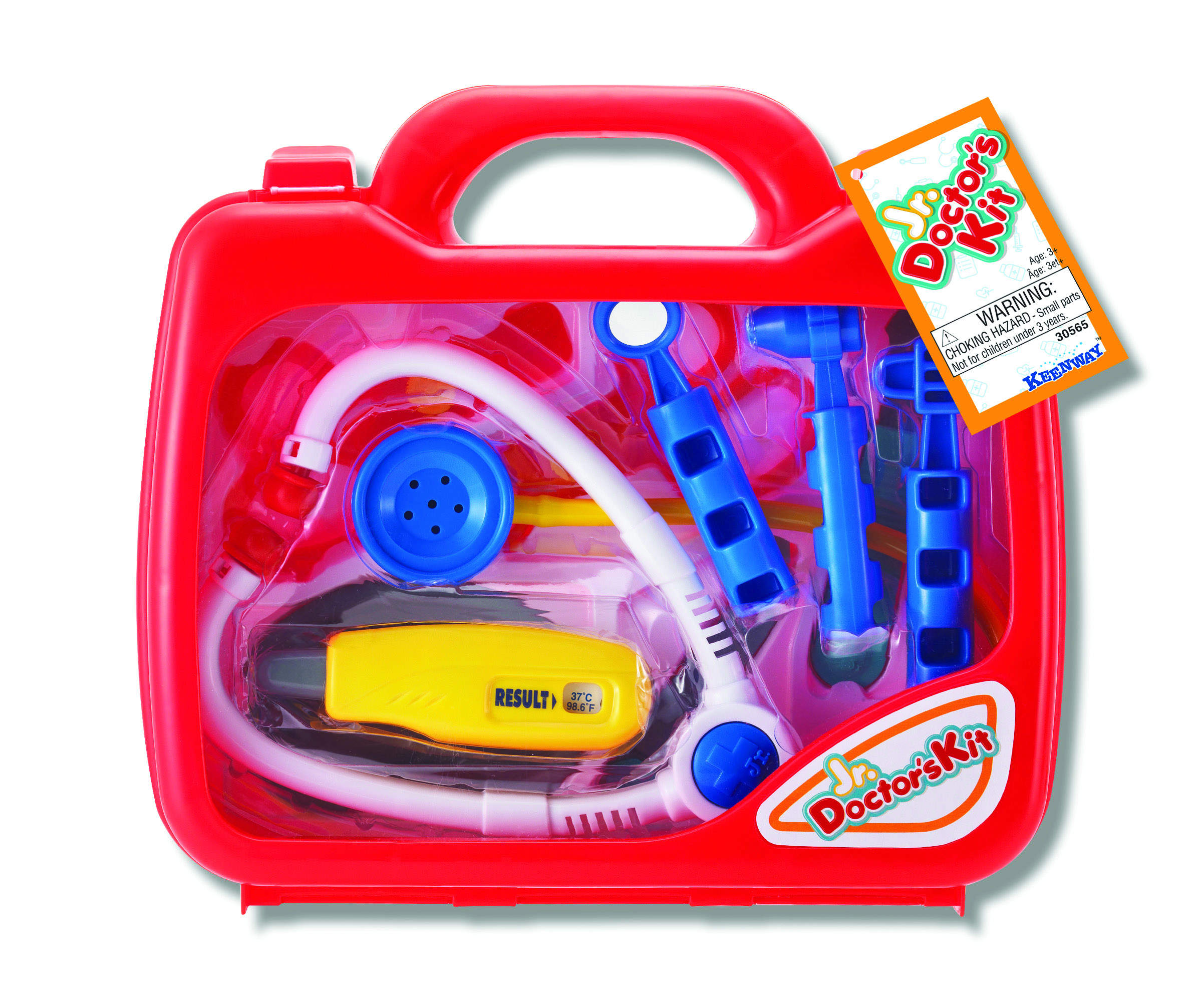 Rød legevæske i plast med gjennomsiktig lokk, som inneholder leketøysmedisinske instrumenter, en 'Jr. Doctor's Kit'-etikett og klistremerke foran.
