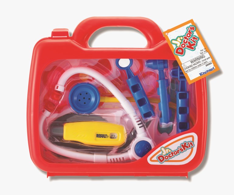 Rød legevæske i plast med gjennomsiktig lokk, som inneholder leketøysmedisinske instrumenter, en 'Jr. Doctor's Kit'-etikett og klistremerke foran.