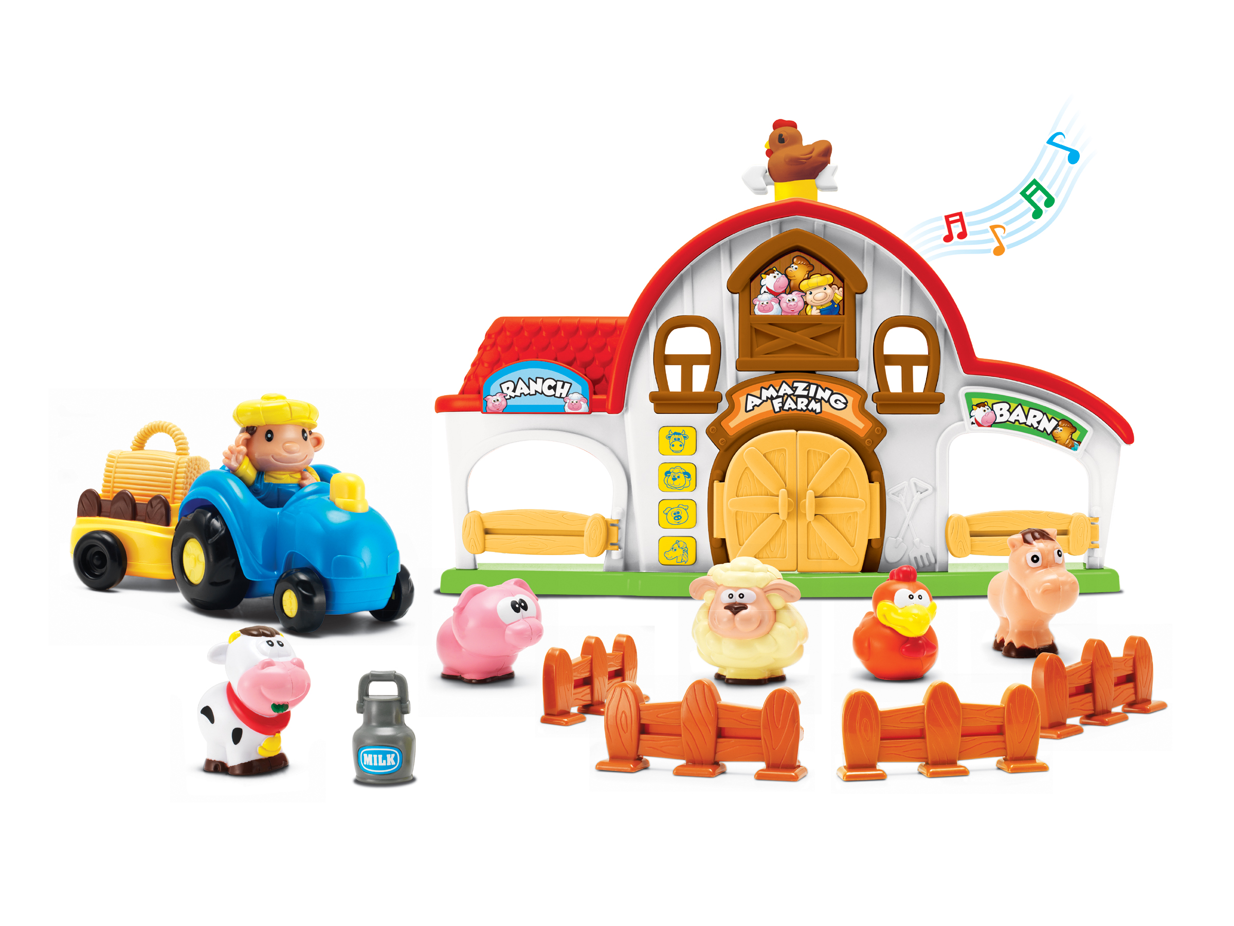 Et rødt og hvitt låvelekesett med en blå traktor, bondefigur, ku, gris, sau, kylling, hest, melkekanne og gjerder.