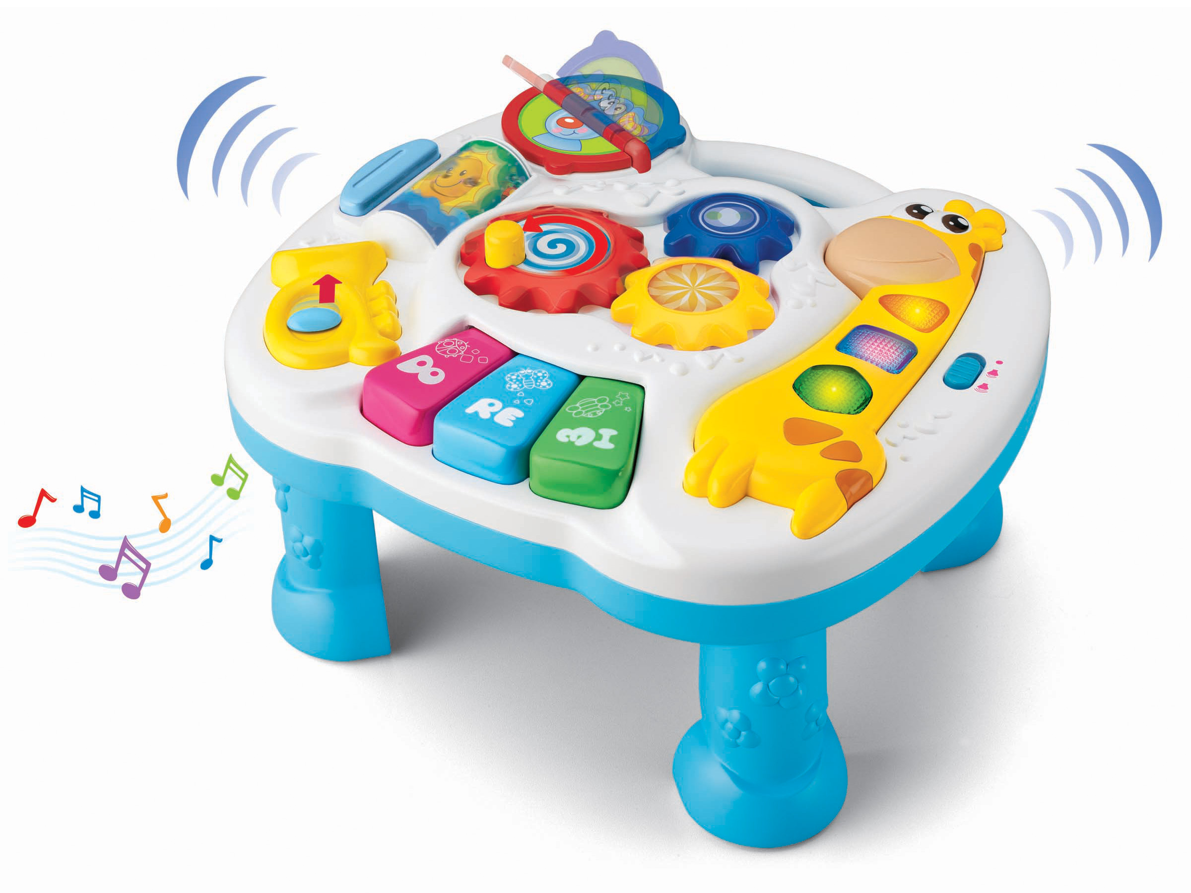 Hvitt og blått plast babyaktivitetsbord med sjiraff, pianotangenter, roterende gir og lydeffekter.