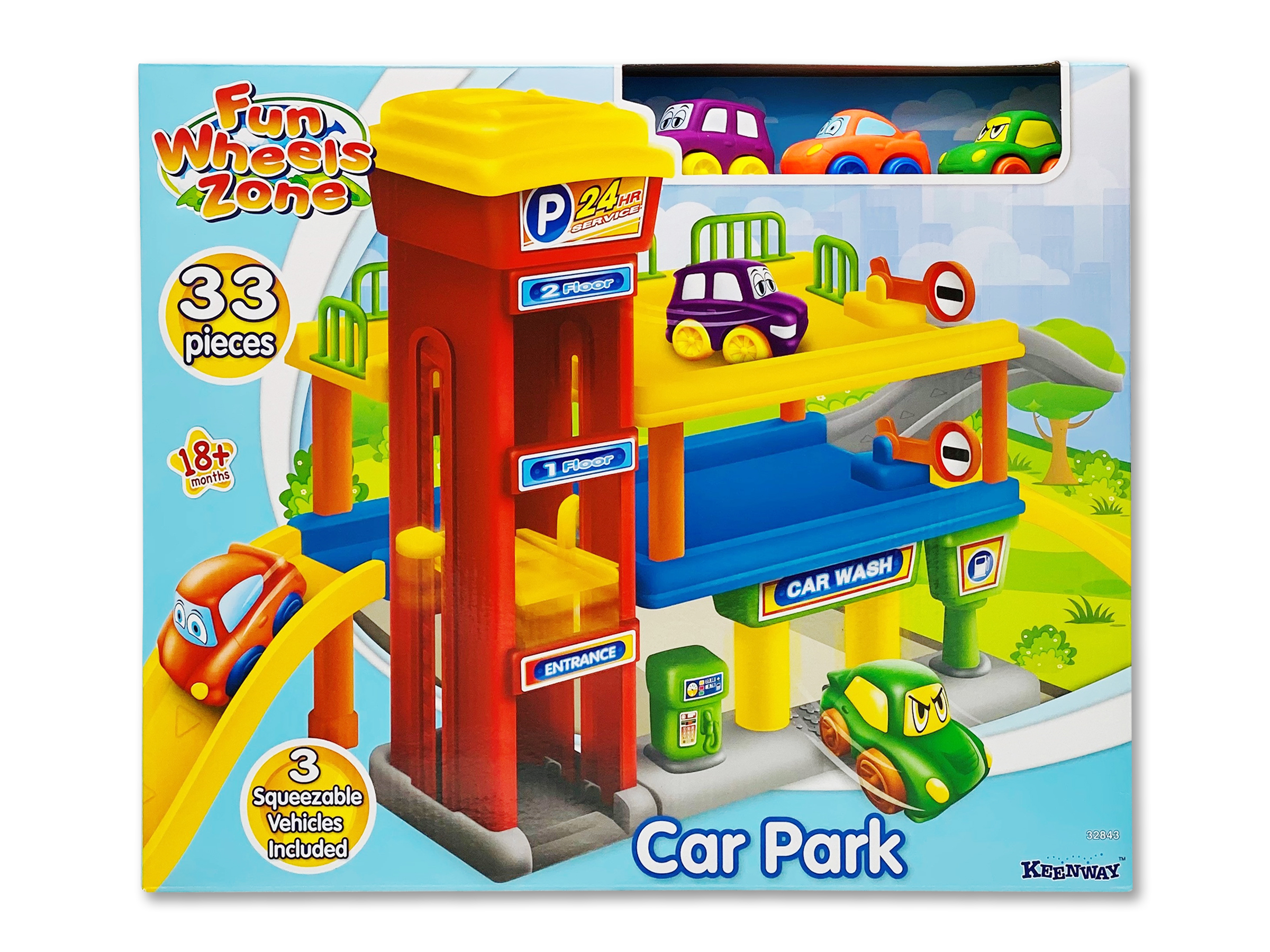 Fargerikt fleretasjes lekeparkeringshus i rødt, gult, blått, med tre klembare lekebiler.