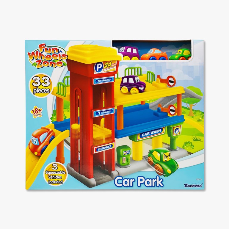 Fargerikt fleretasjes lekeparkeringshus i rødt, gult, blått, med tre klembare lekebiler.