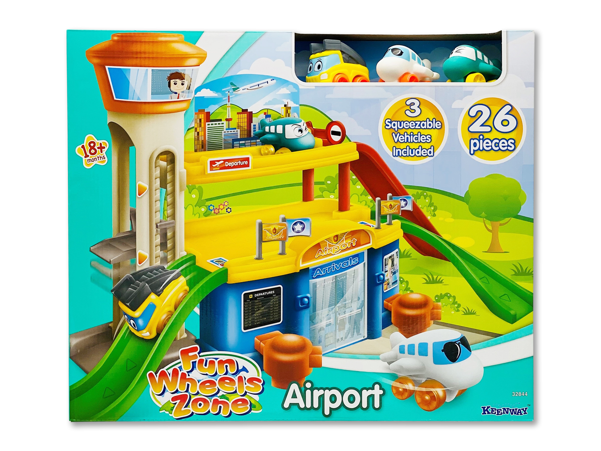 Et flerfarget Fun Wheels Zone Airport lekesett med tårn, terminal, ramper og 3 klemmebare kjøretøy, 26 deler totalt.