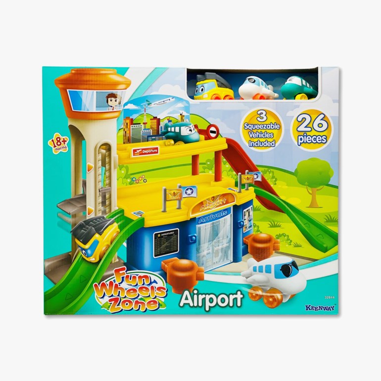 Et flerfarget Fun Wheels Zone Airport lekesett med tårn, terminal, ramper og 3 klemmebare kjøretøy, 26 deler totalt.
