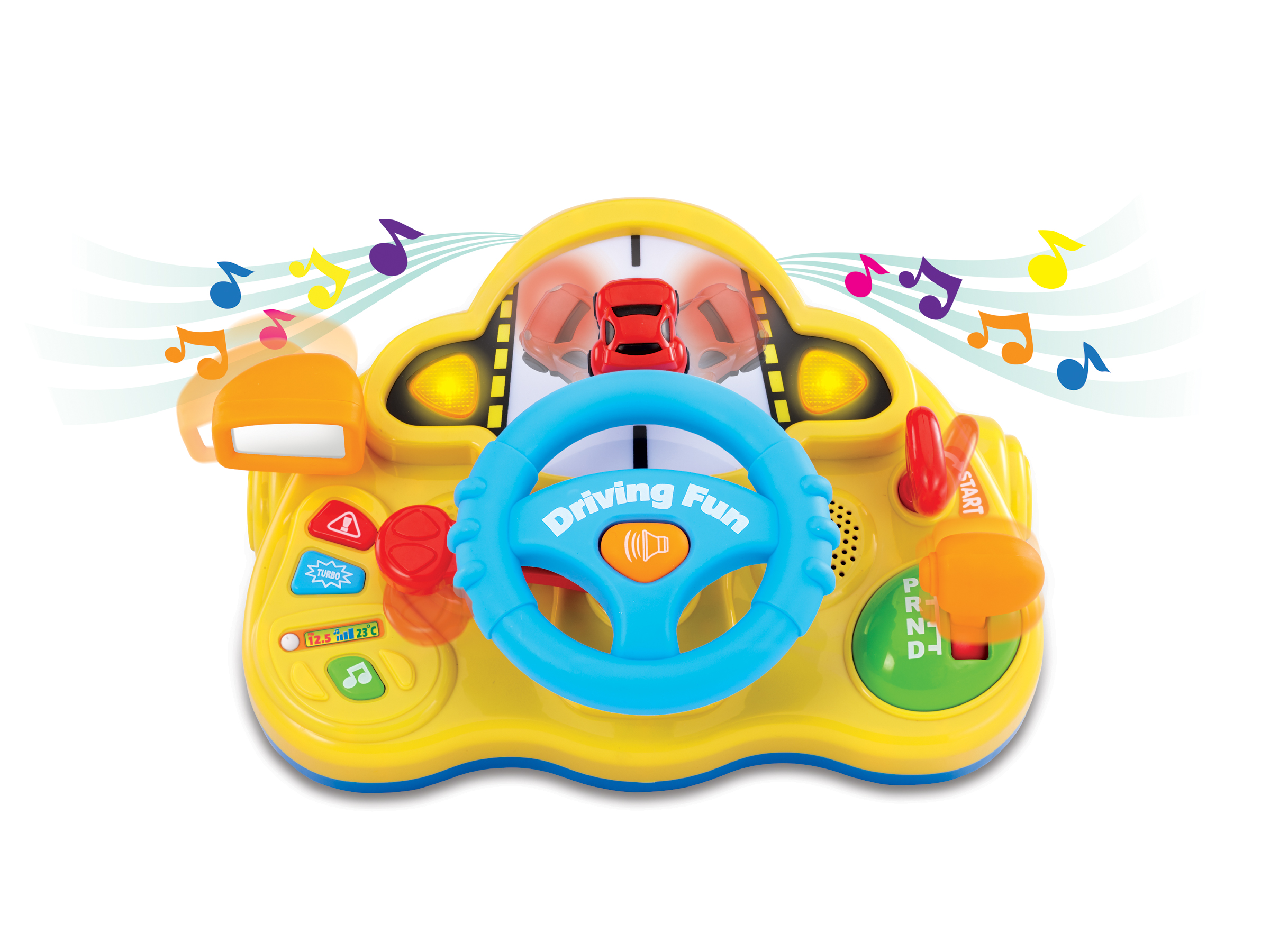 Gult lekebildashbord med blått ratt, girspak og knapper, som viser en rød bil på skjermen.