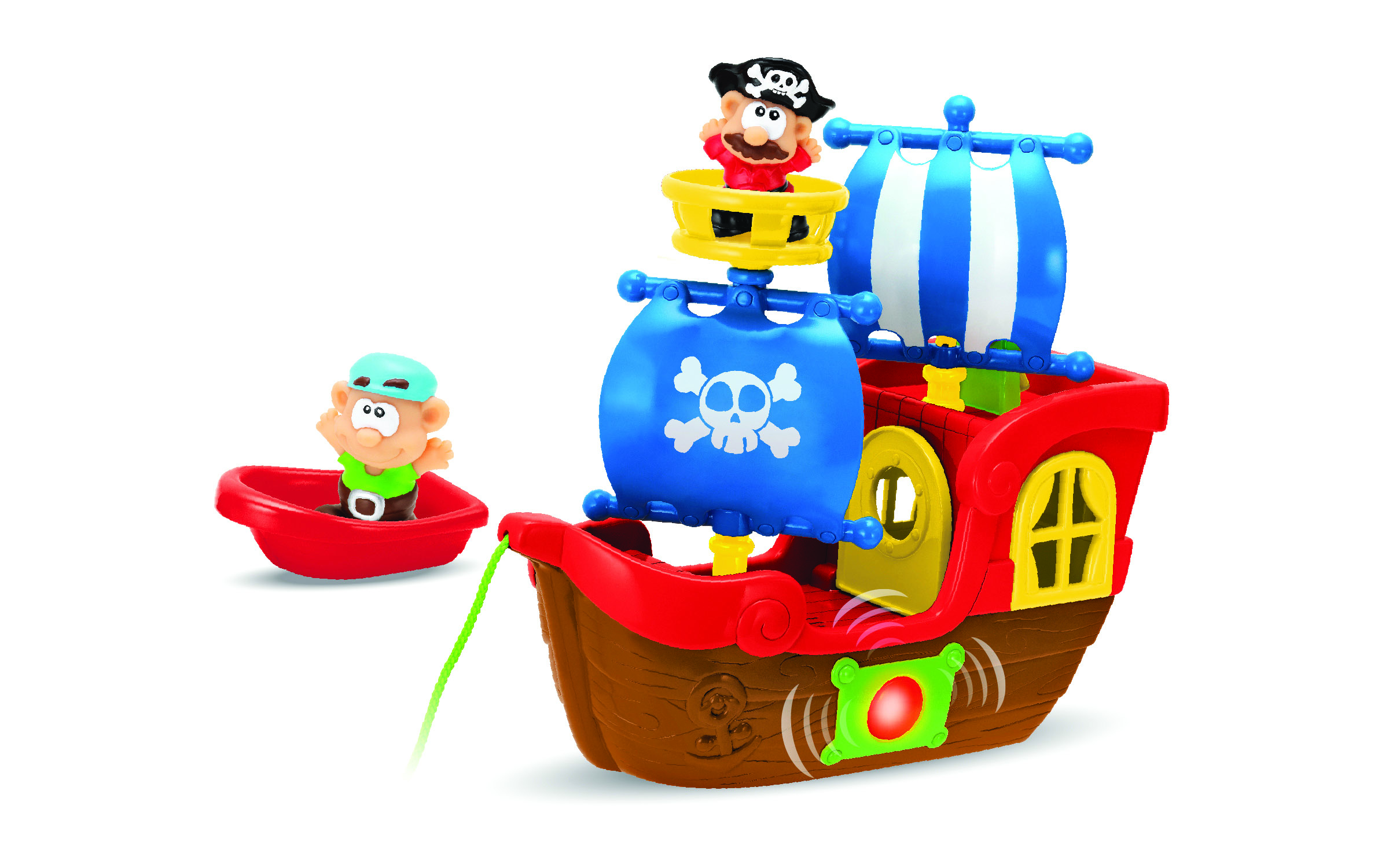 En rød og brun sjørøverskipsleke med blå seil, en sjørøverfigur og en rød jolle med en liten figur.