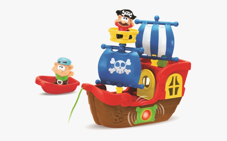 En rød og brun sjørøverskipsleke med blå seil, en sjørøverfigur og en rød jolle med en liten figur.