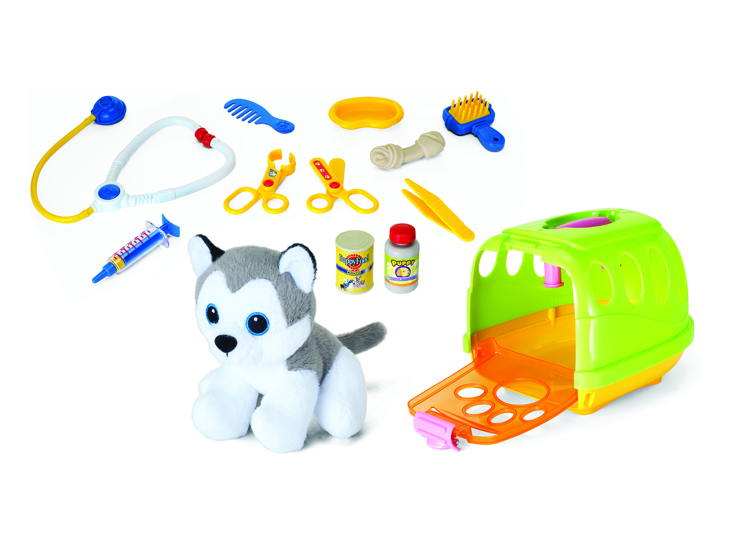 Lekedyresett med en plysjhusky, grønn transportboks, lekeveterinærverktøy, pleietilbehør og matvarer.