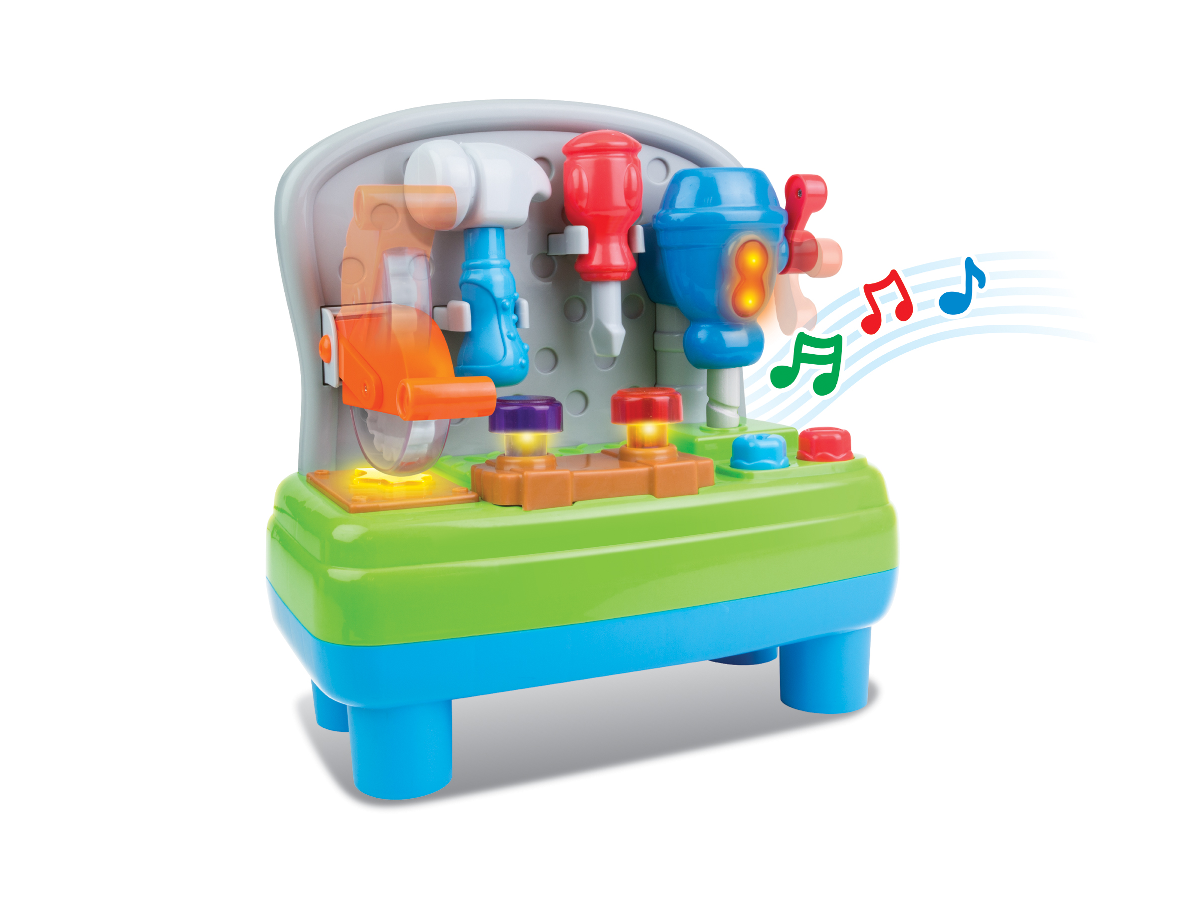 En fargerik lekearbeidsbenk med hammer, skrutrekker, sag og drill, med lys og musikknotegrafikk.