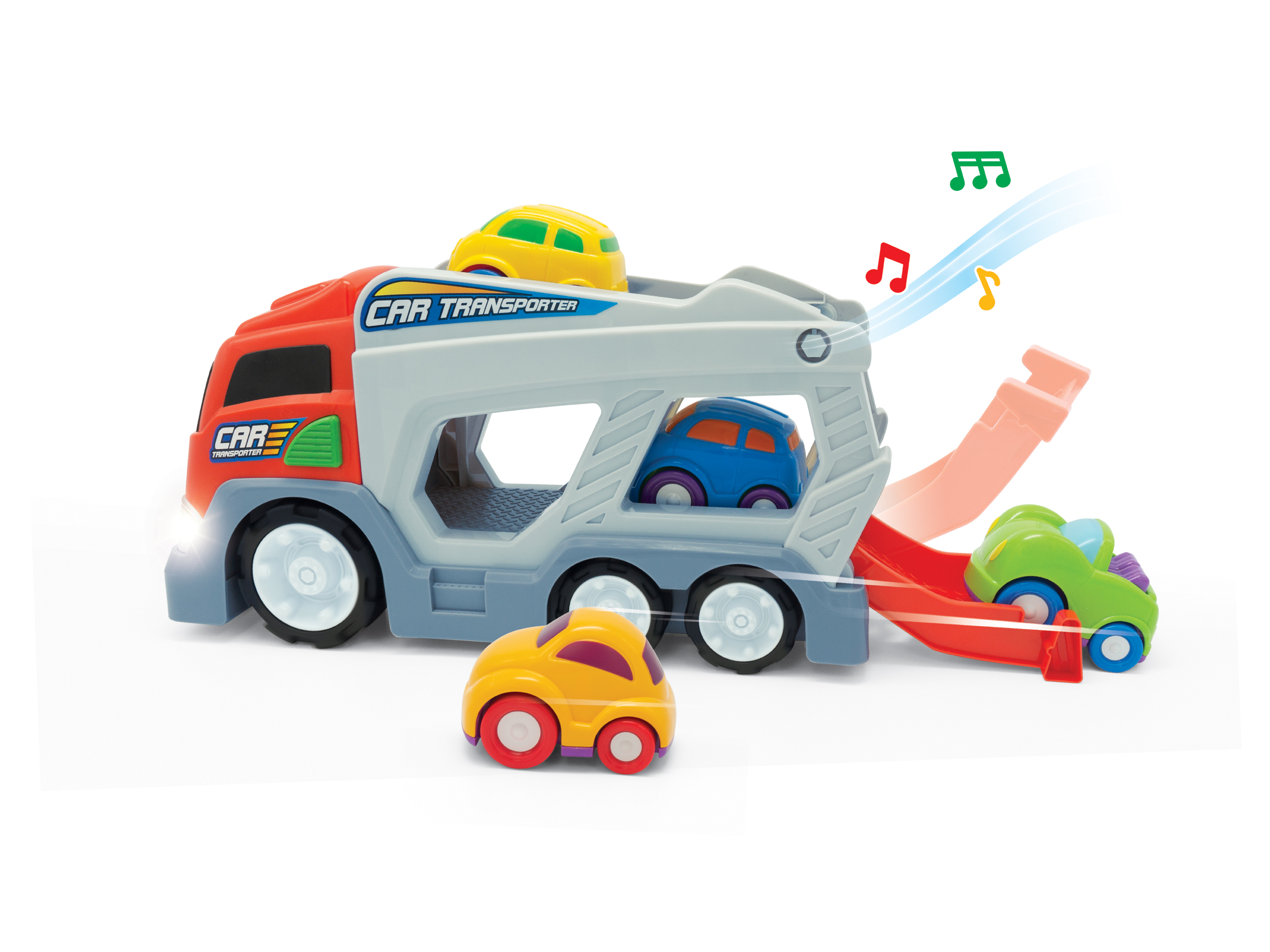 Rød og grå lekebiltransporter med flere små gule, blå og grønne lekebiler.