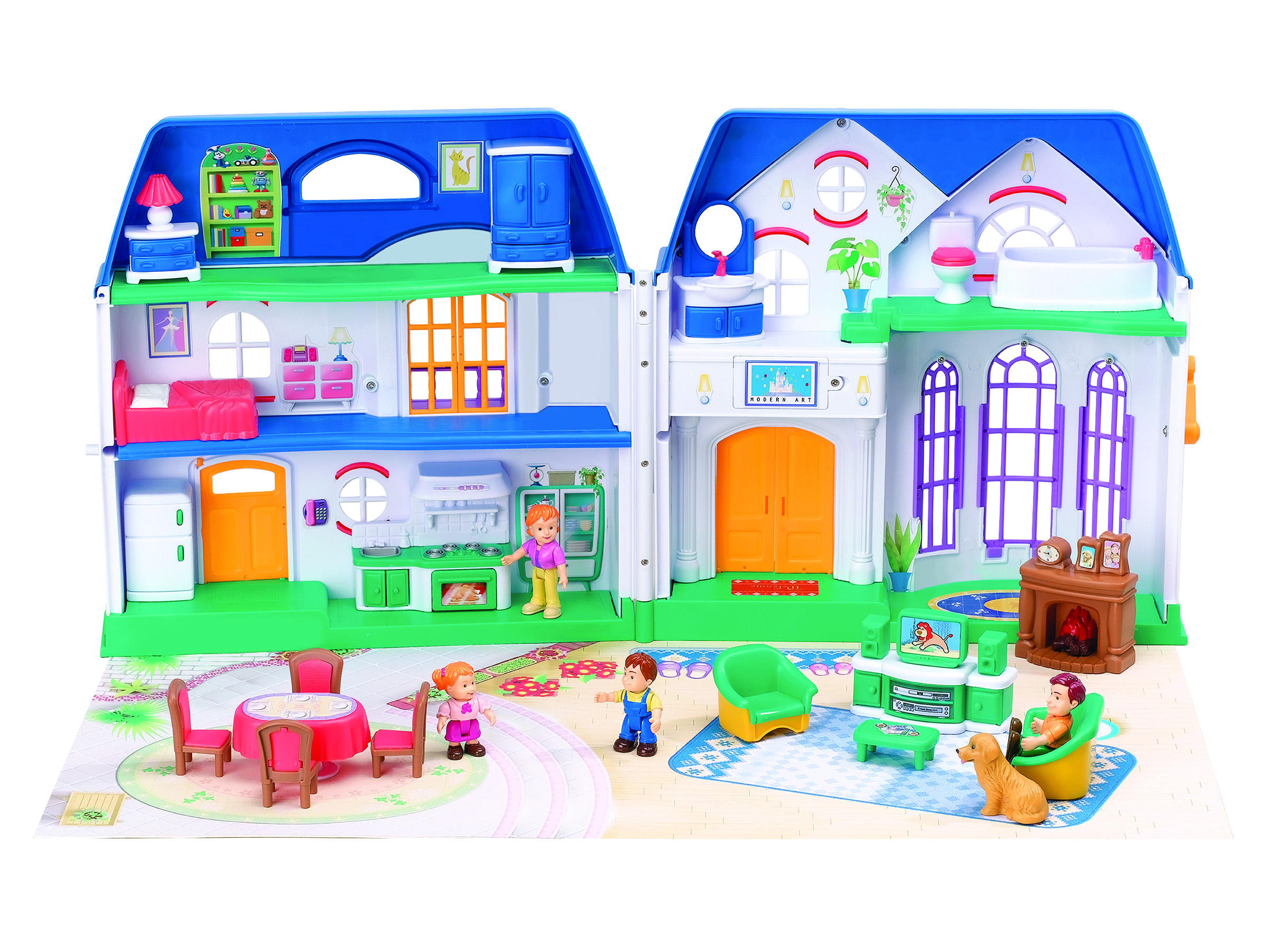 Et fargerikt, sammenleggbart dukkehus med blått tak, grønn base, diverse møbler og familifigurer, vist åpent.