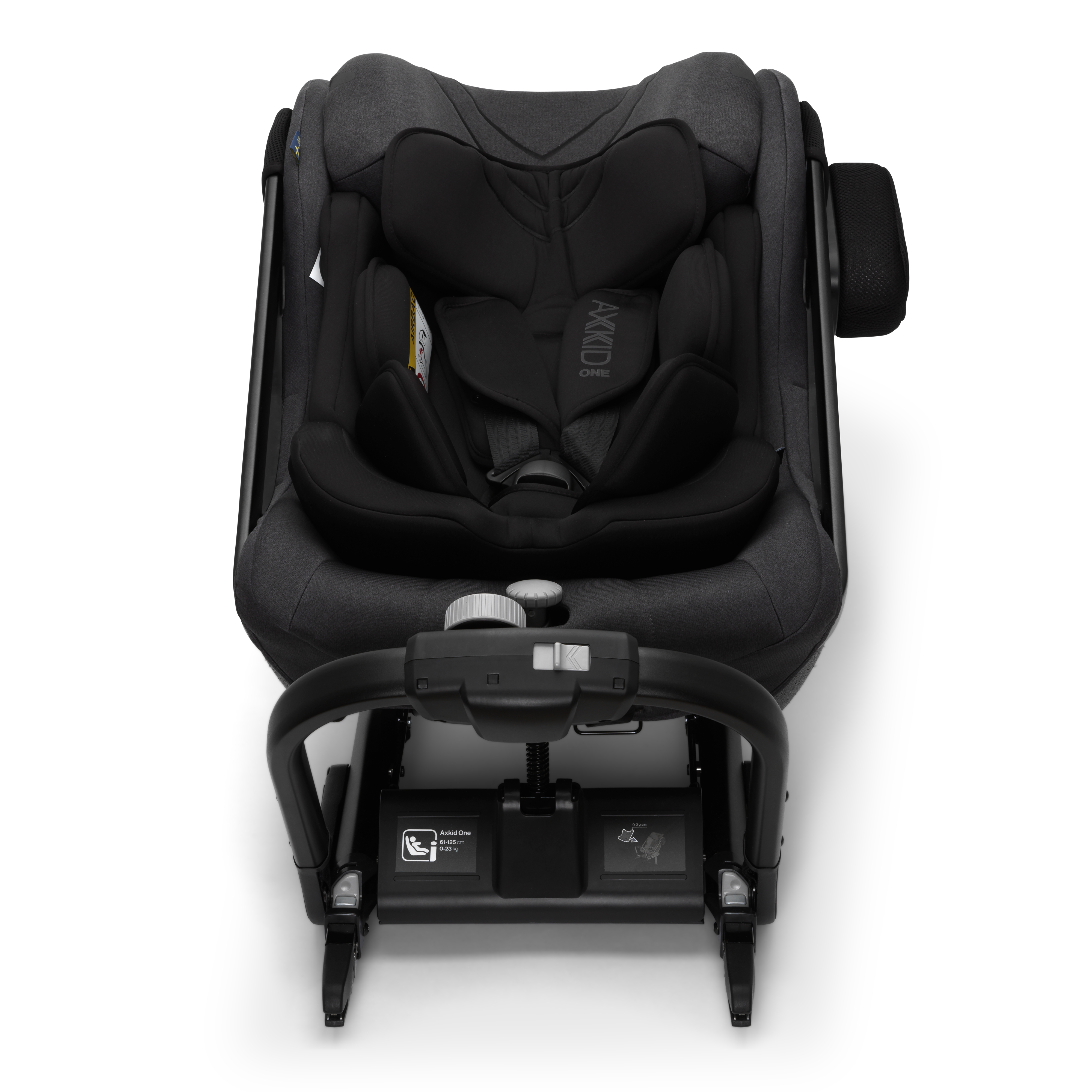 Mørkegrå bilbarnestol med svart polstring, 5-punktssele, ISOFIX-base og synlige justeringsmekanismer.