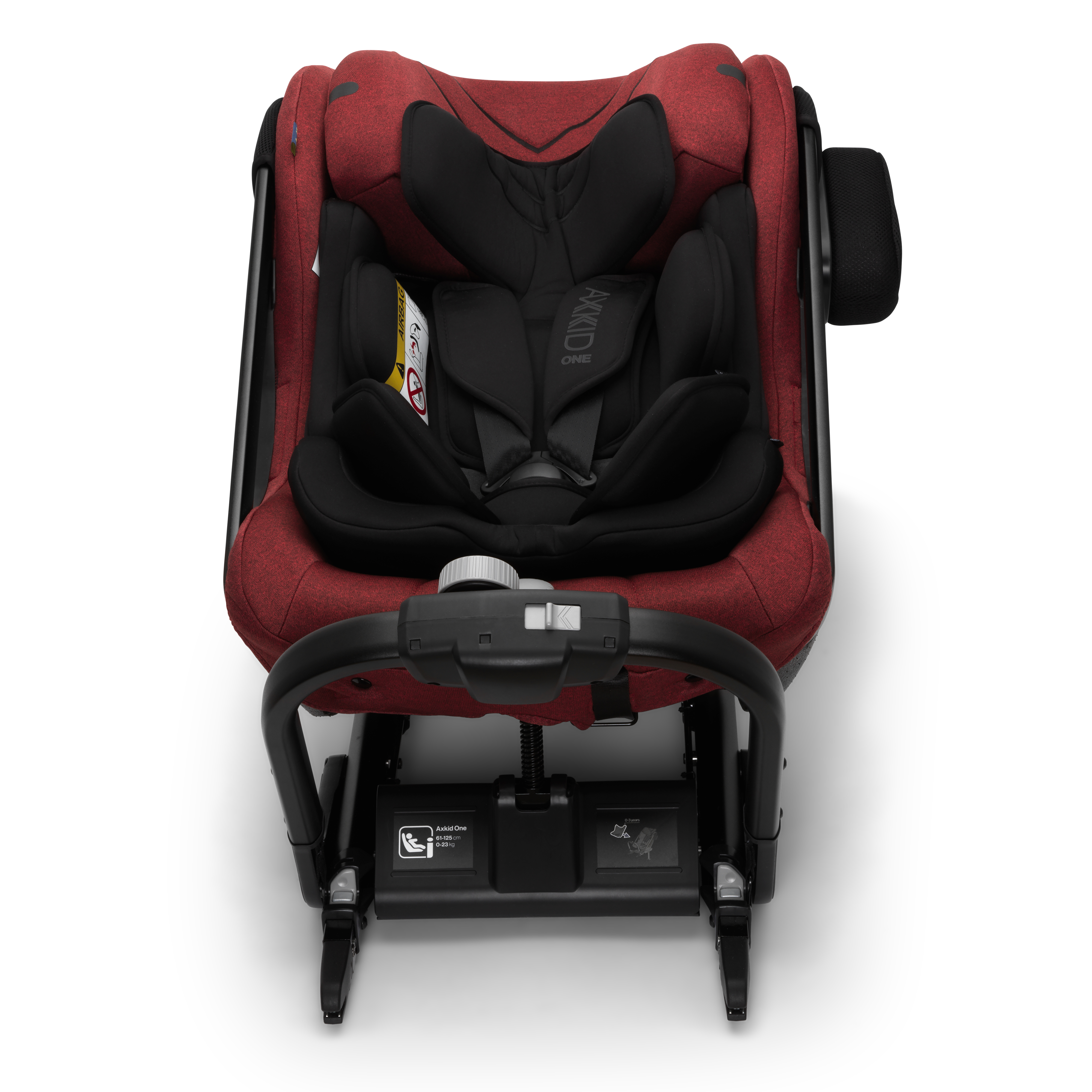 Rød bilstol med svart polstring, synlig sele og justerbar anti-rebound-bøyle foran, sett ovenfra.