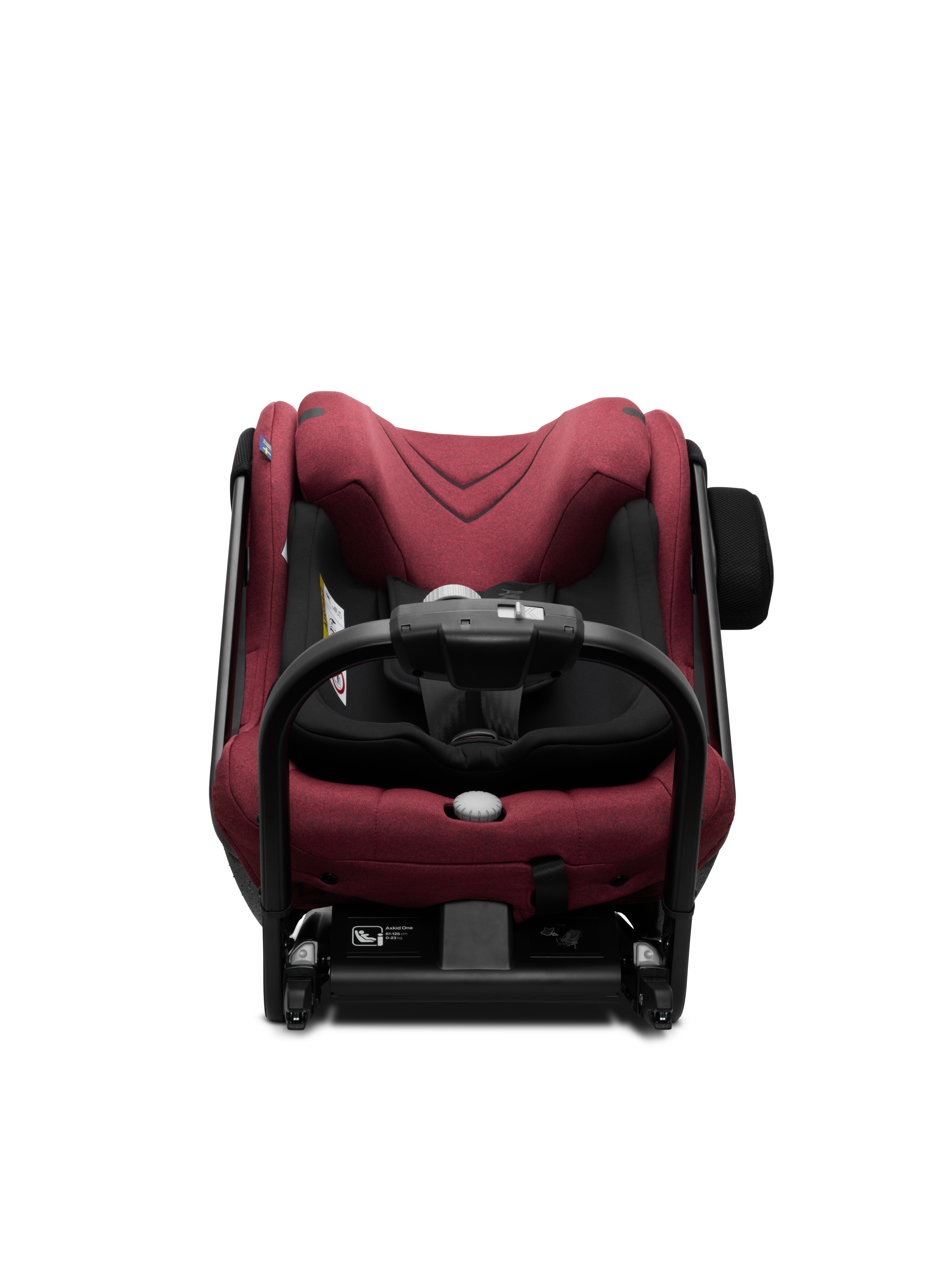 En rød bilbarnestol med svart 5-punktssele, justerbart håndtak og ISOFIX-base.