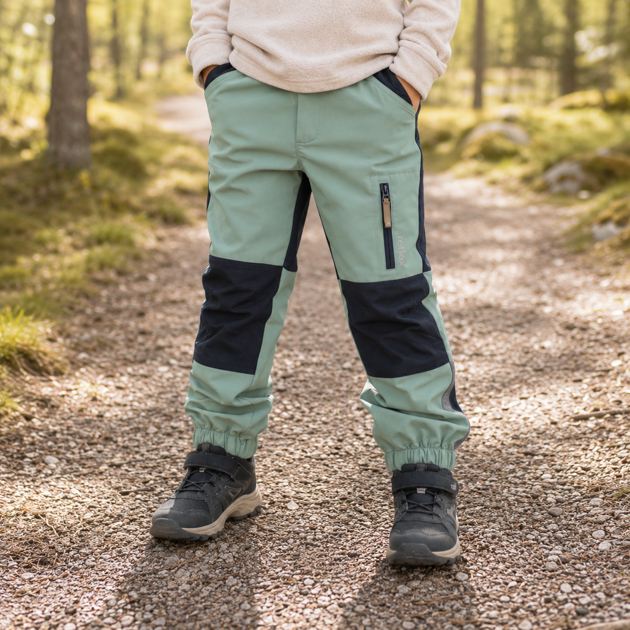 Barns tofargede lysegrønne og mørkeblå turbukser med glidelåslomme, elastisk benkant, mørkegrå sko og beige topp.