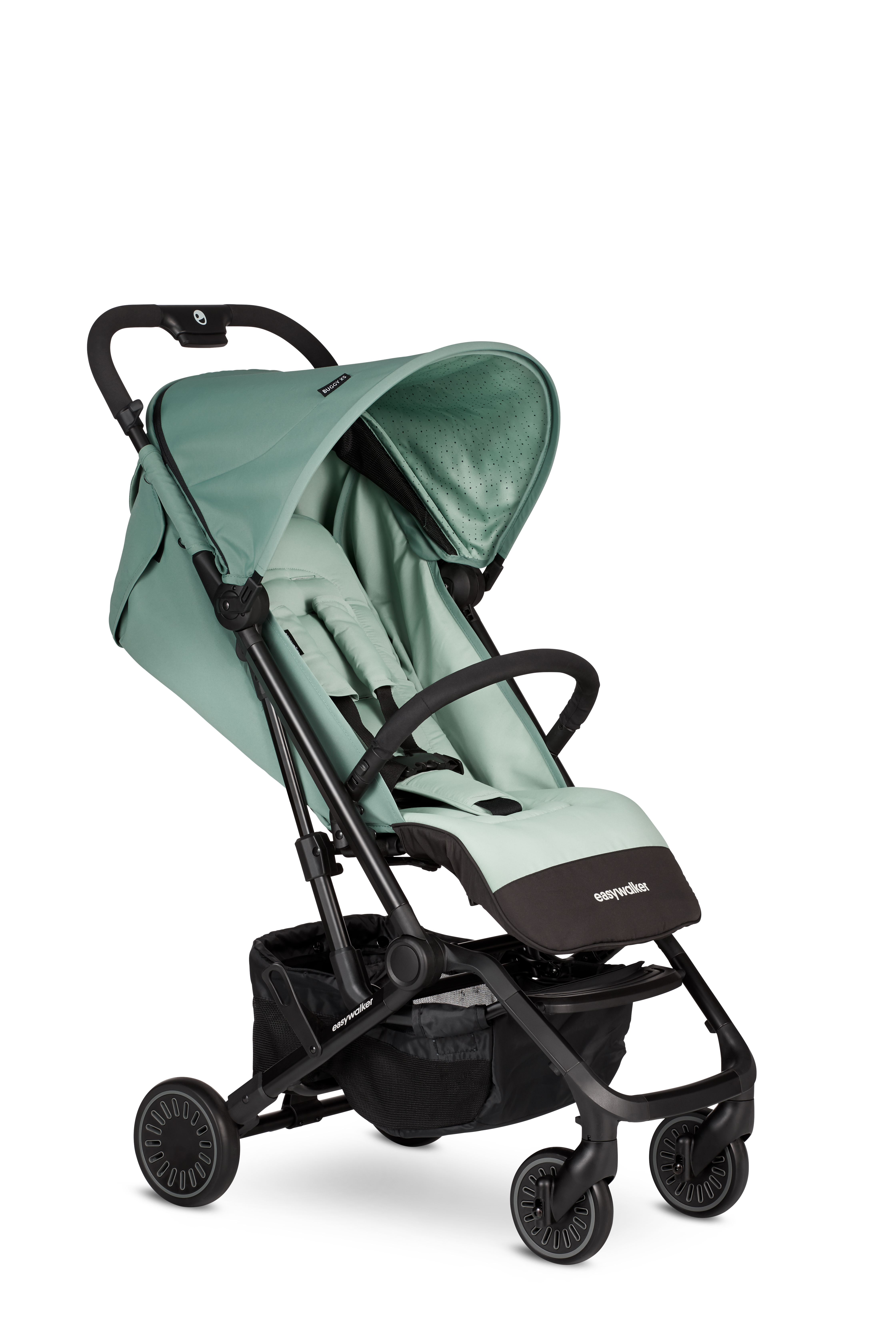 Mintgrønn barnevogn med svart ramme, oppbevaringskurv og svarte hjul med grå detaljer.
