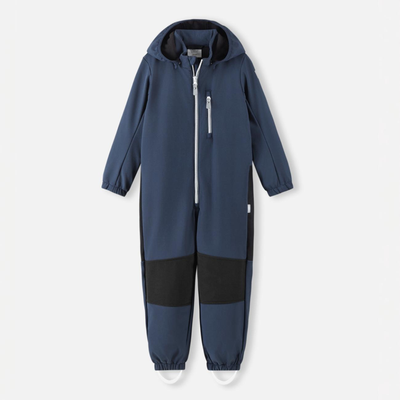 Kids overall i marineblått med hette, hvit glidelås, brystlomme, svarte side- og knepaneler.