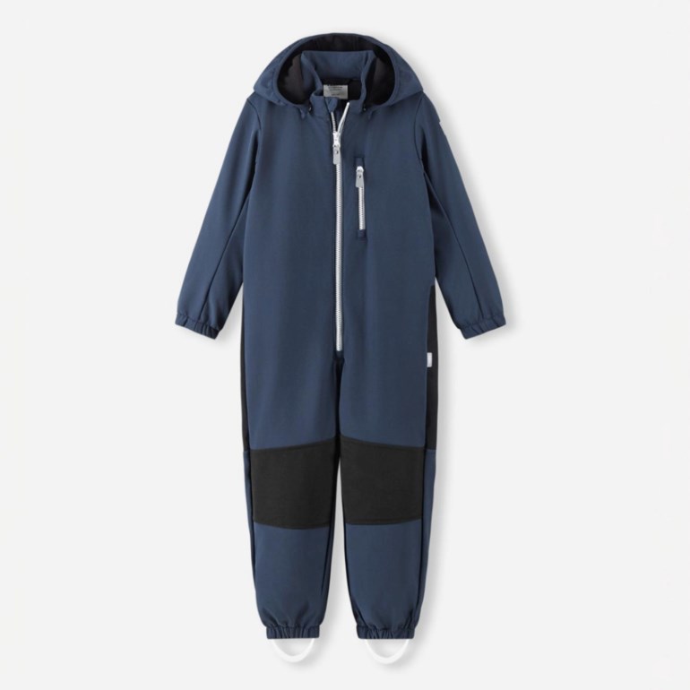 Kids overall i marineblått med hette, hvit glidelås, brystlomme, svarte side- og knepaneler.