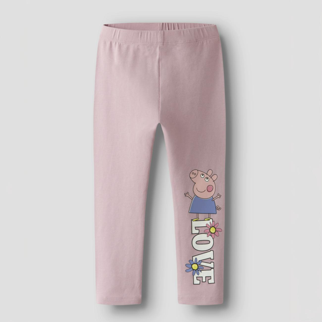 Barns rosa leggings med Peppa Gris-figur og 'LOVE'-grafikk med blomster, forfra.