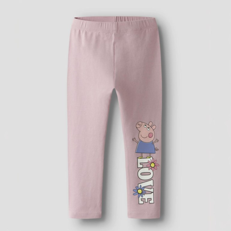 Barns rosa leggings med Peppa Gris-figur og 'LOVE'-grafikk med blomster, forfra.