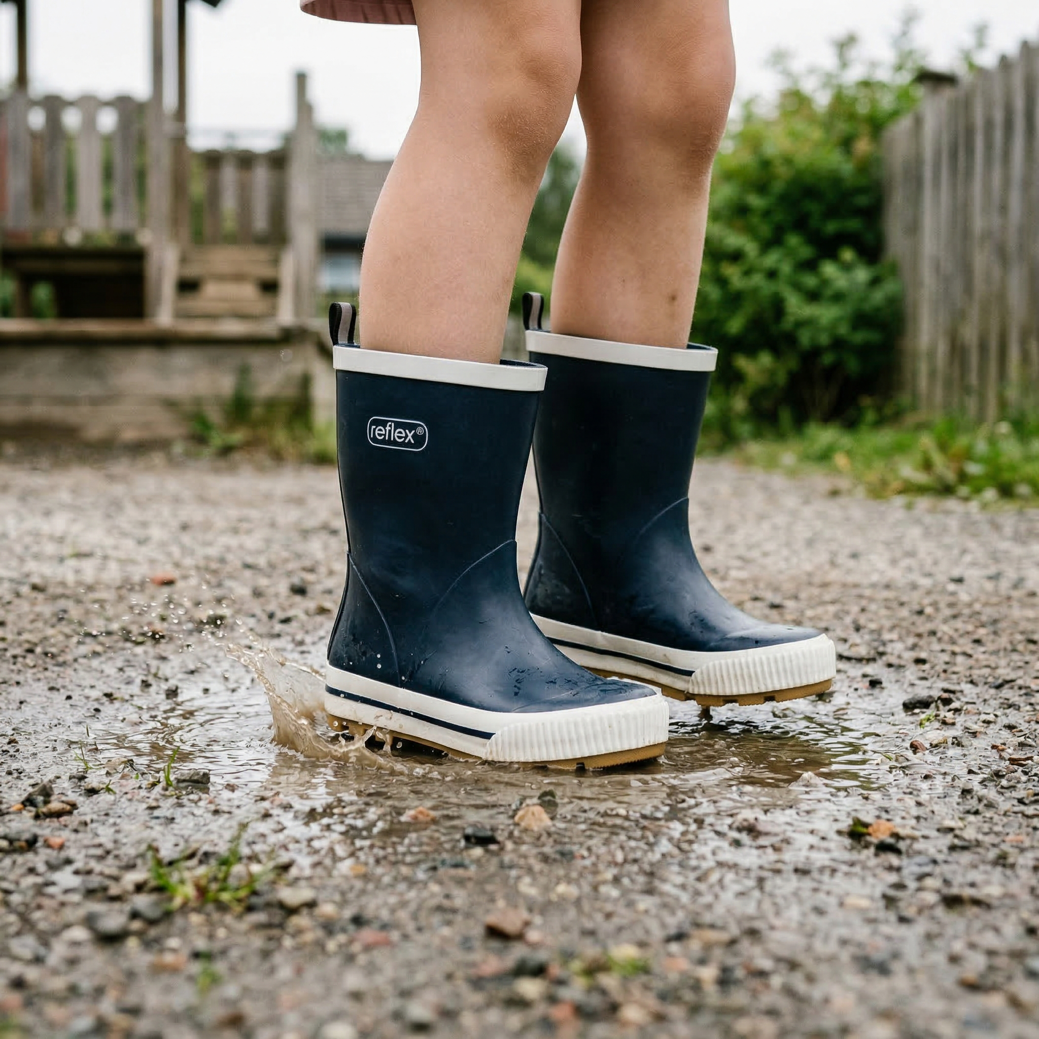 Barn har på seg marineblå gummistøvler med hvit såle, plaskende i en sølepytt, og et rosa skjørt.