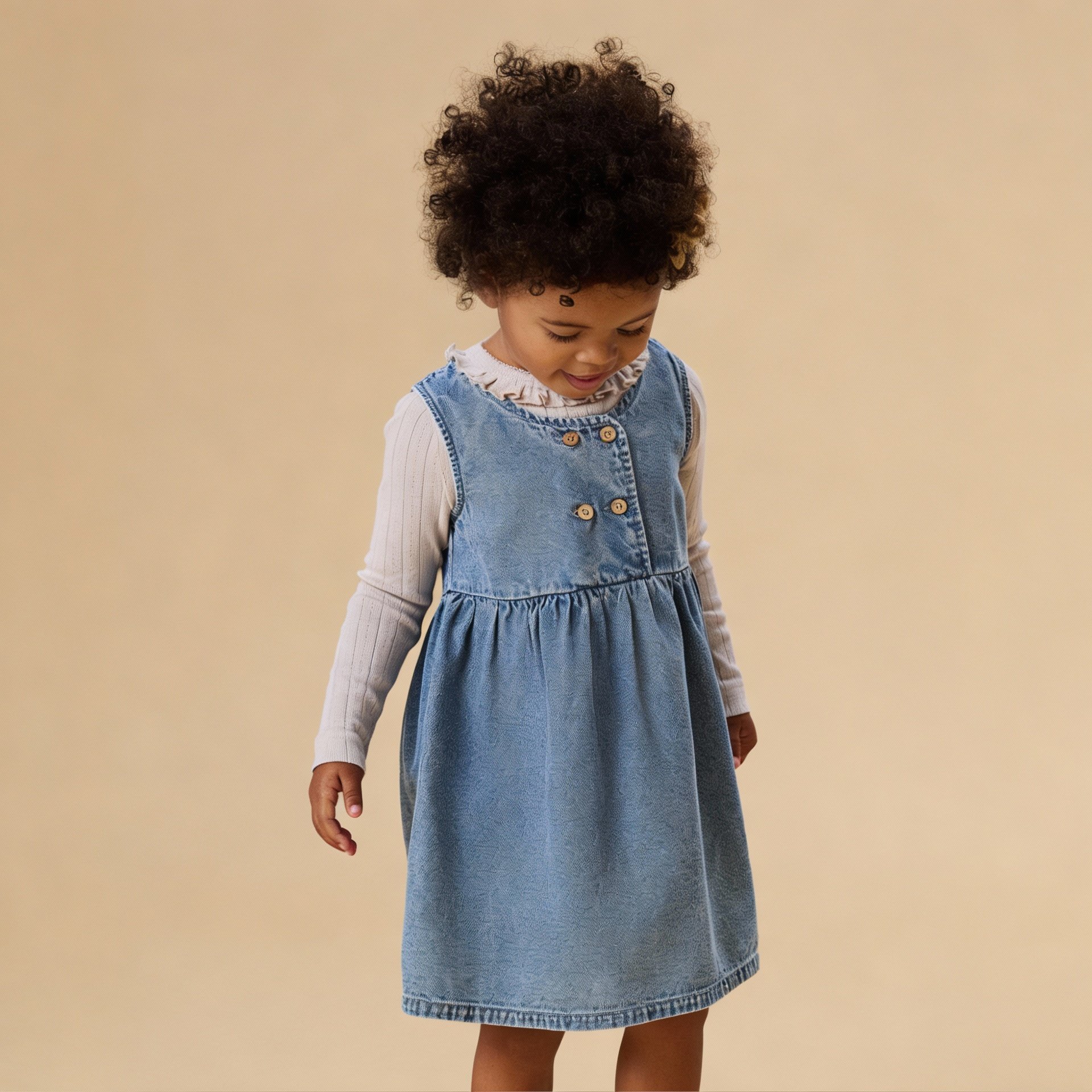 Barn bærer en blå denimkjole med brune knapper over en lys beige ribbet langermet topp.