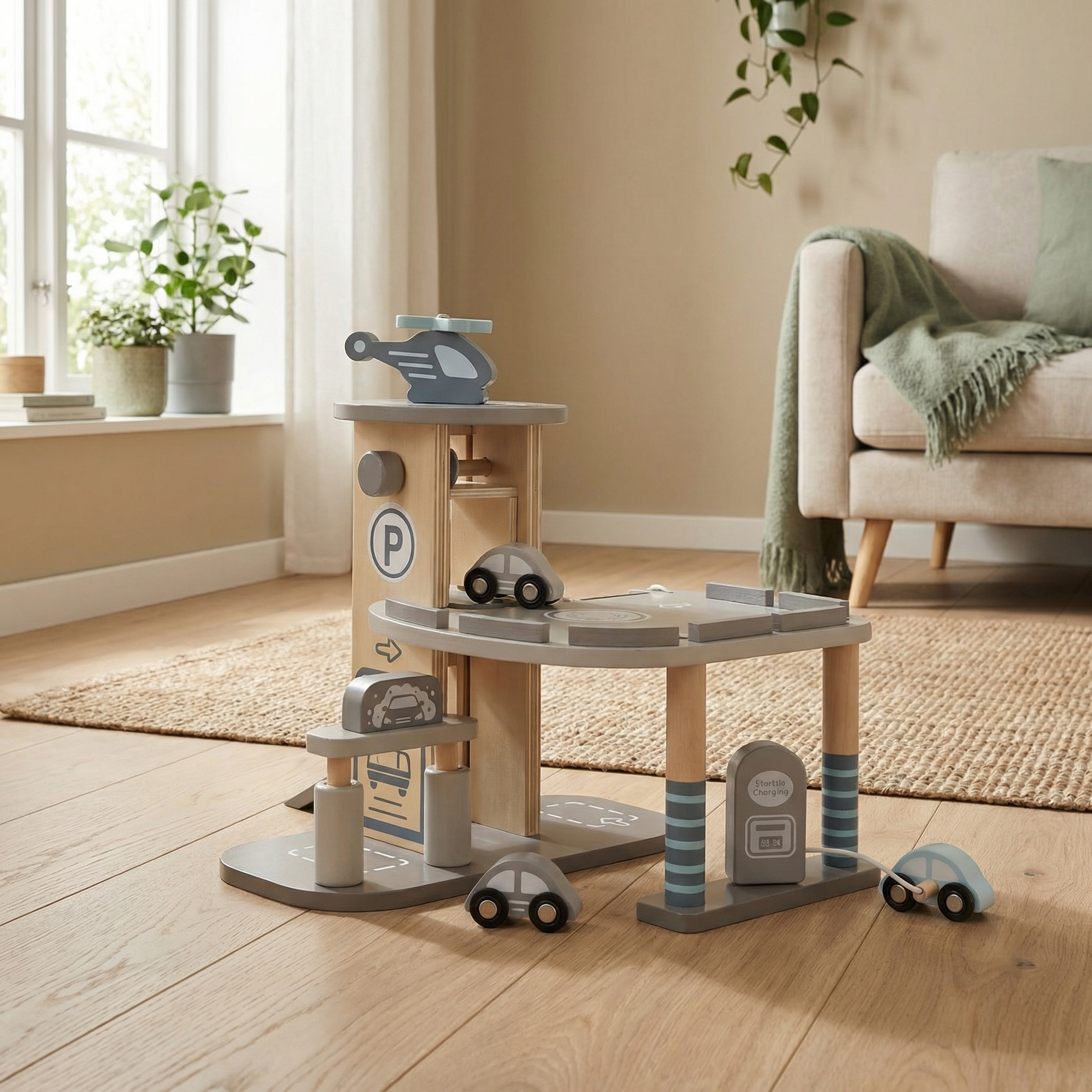 Parkeringshus i tre med helikopterlandingsplass, bilvask, ladestasjon, samt medfølgende trebiler og helikopter.