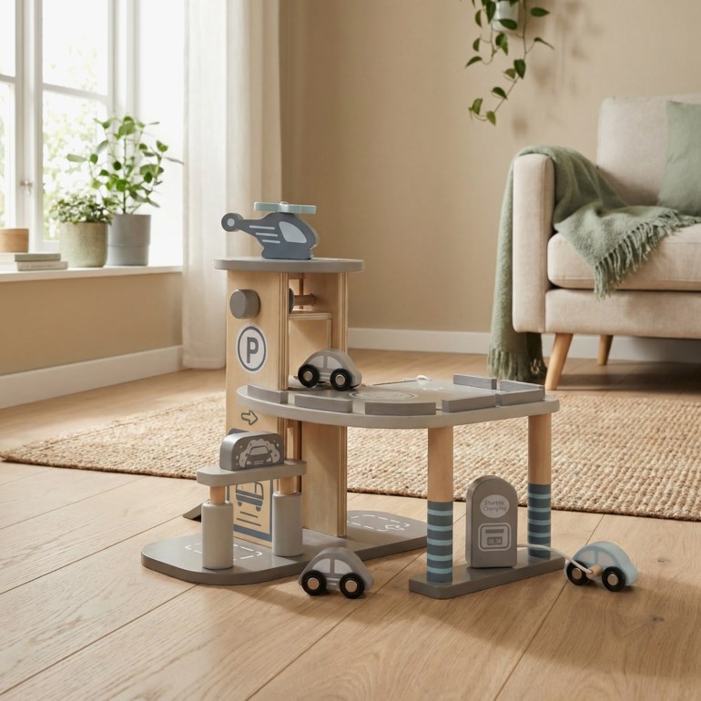 Parkeringshus i tre med helikopterlandingsplass, bilvask, ladestasjon, samt medfølgende trebiler og helikopter.