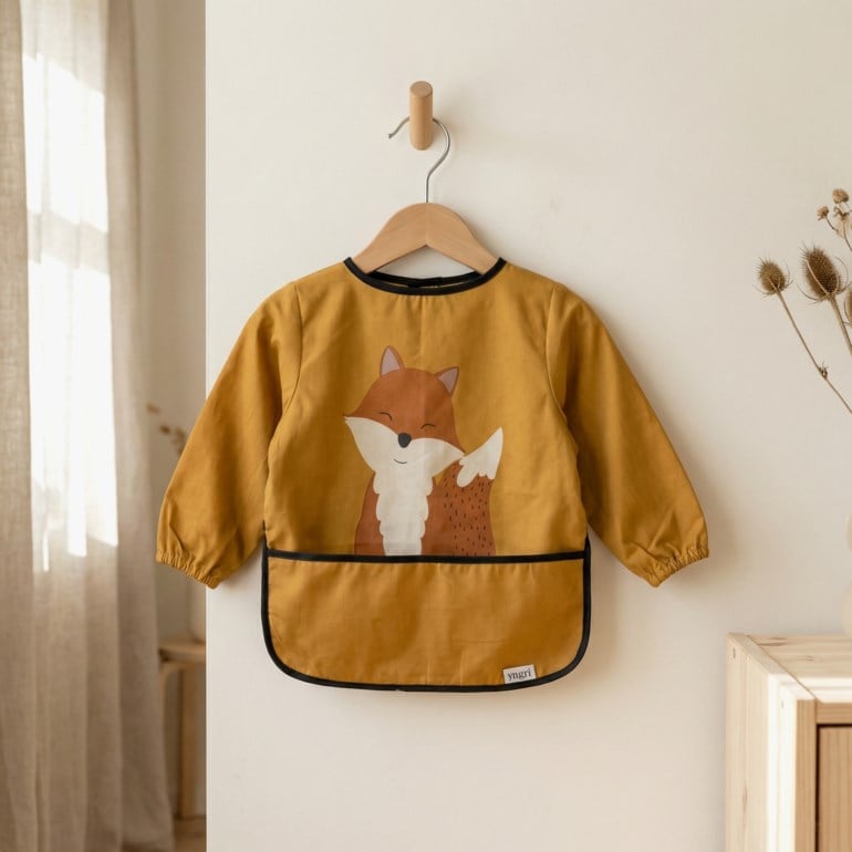 Sennepsgul langermet smekke for barn med smilende revillustrasjon og svart kantbånd.