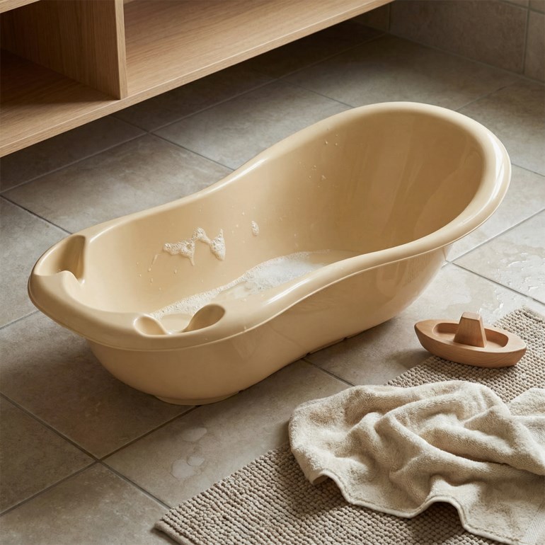 Ovalt beige babybadekar med såpevann, en liten trebåt, beige badematte og brettet håndkle.