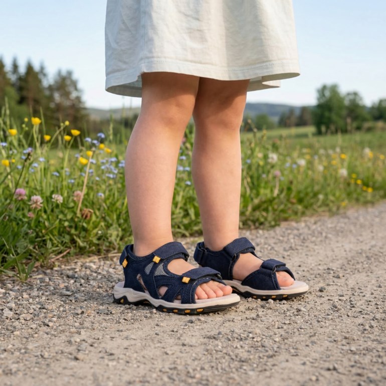 Barn iført marineblå sandaler med oransje detaljer og lys såle, og en lys blå kjole.