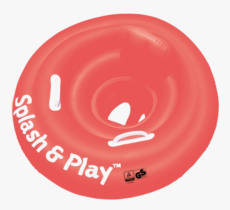 Rød oppblåsbar babyflåte med sete, to hvite håndtak og teksten 'Splash & Play'.