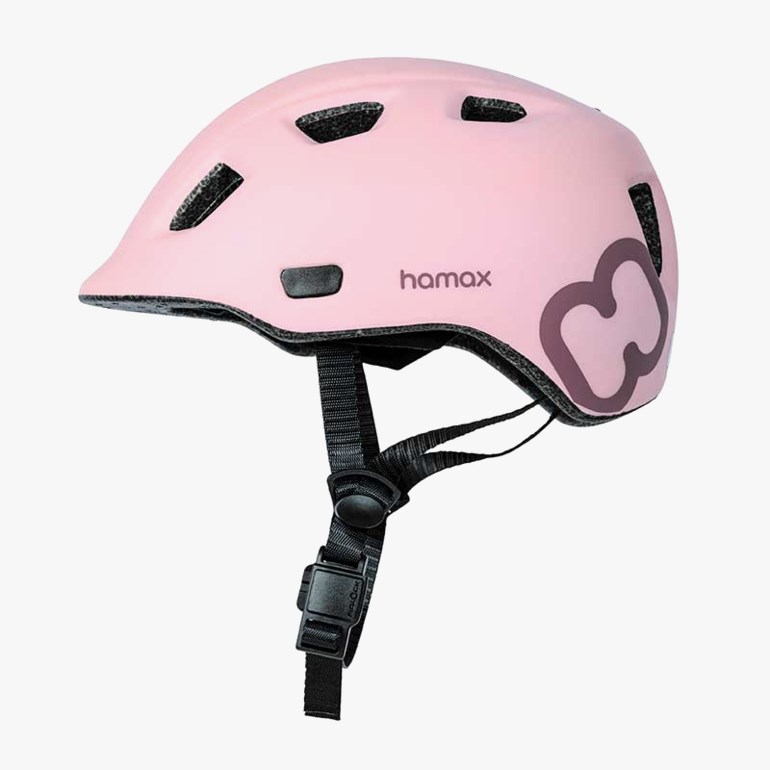 Rosa sykkelhjelm for barn med svarte justerbare stropper og spenne, med mørkrosa abstrakt sidedesign.