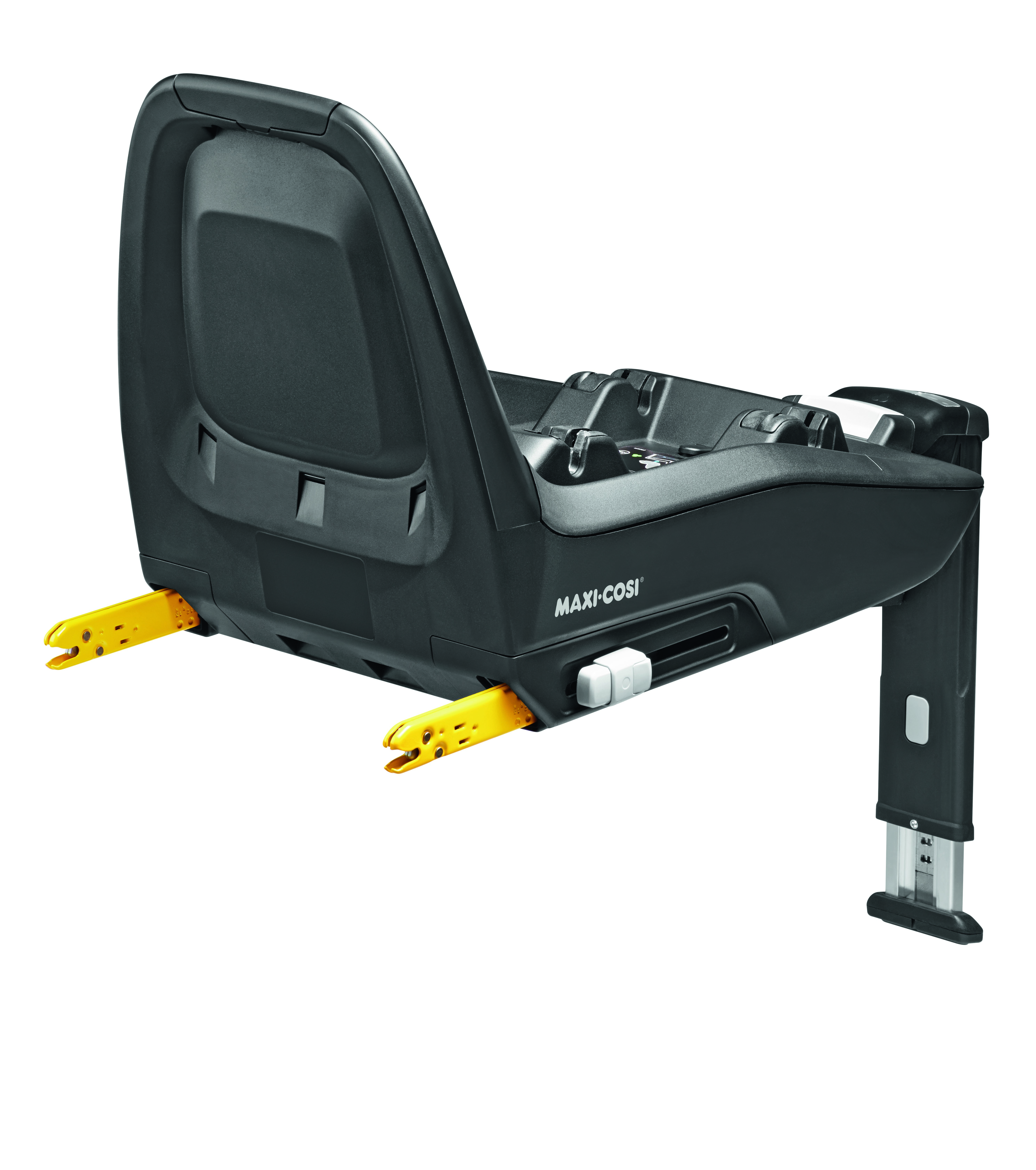 Svart Maxi-Cosi bilsetebase med gule ISOFIX-fester og et justerbart støtteben.