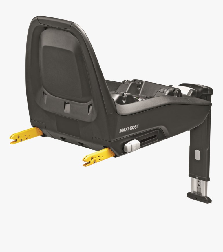 Svart Maxi-Cosi bilsetebase med gule ISOFIX-fester og et justerbart støtteben.