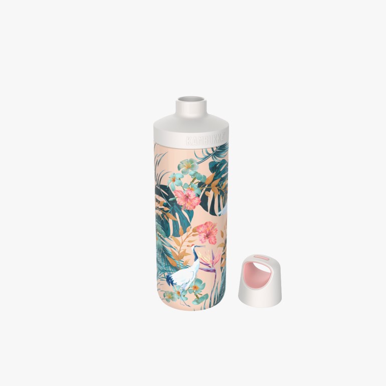 Lys beige vannflaske med tropisk blomster- og fuglemønster og hvit avtatt kork med rosa aksent.