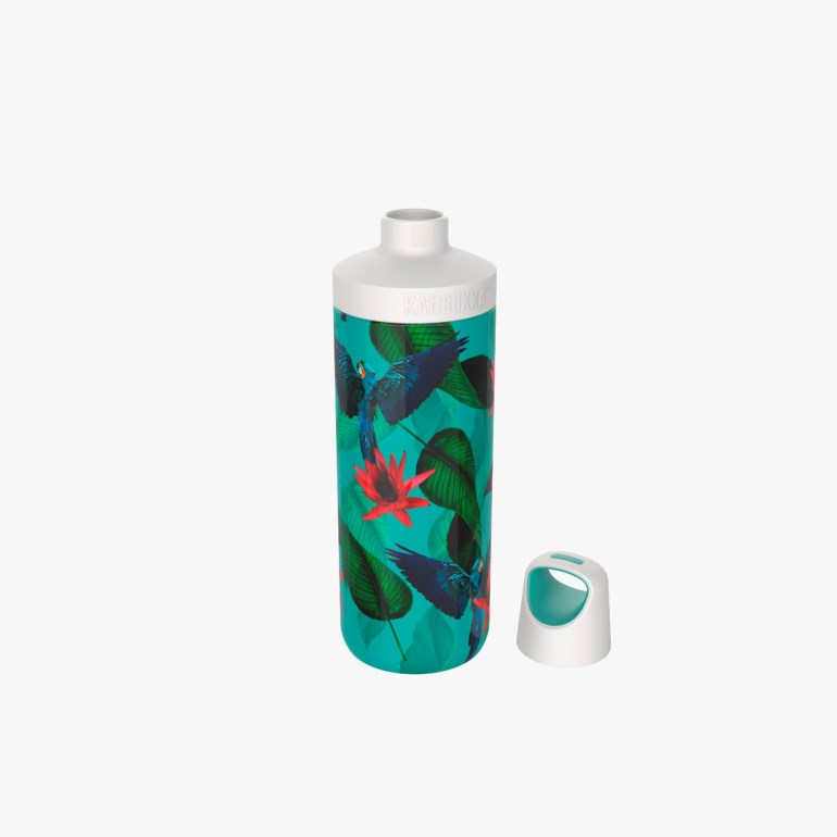 Tropisk mønstret turkis vannflaske med hvit topp og separat hvitt håndtakslokk.